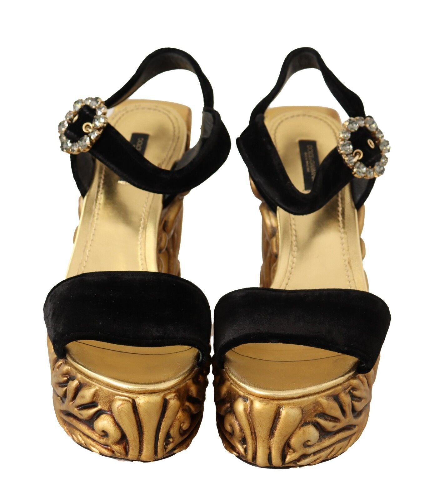 Schwarz Gold Barock Samt Heels Kristall Schuhe