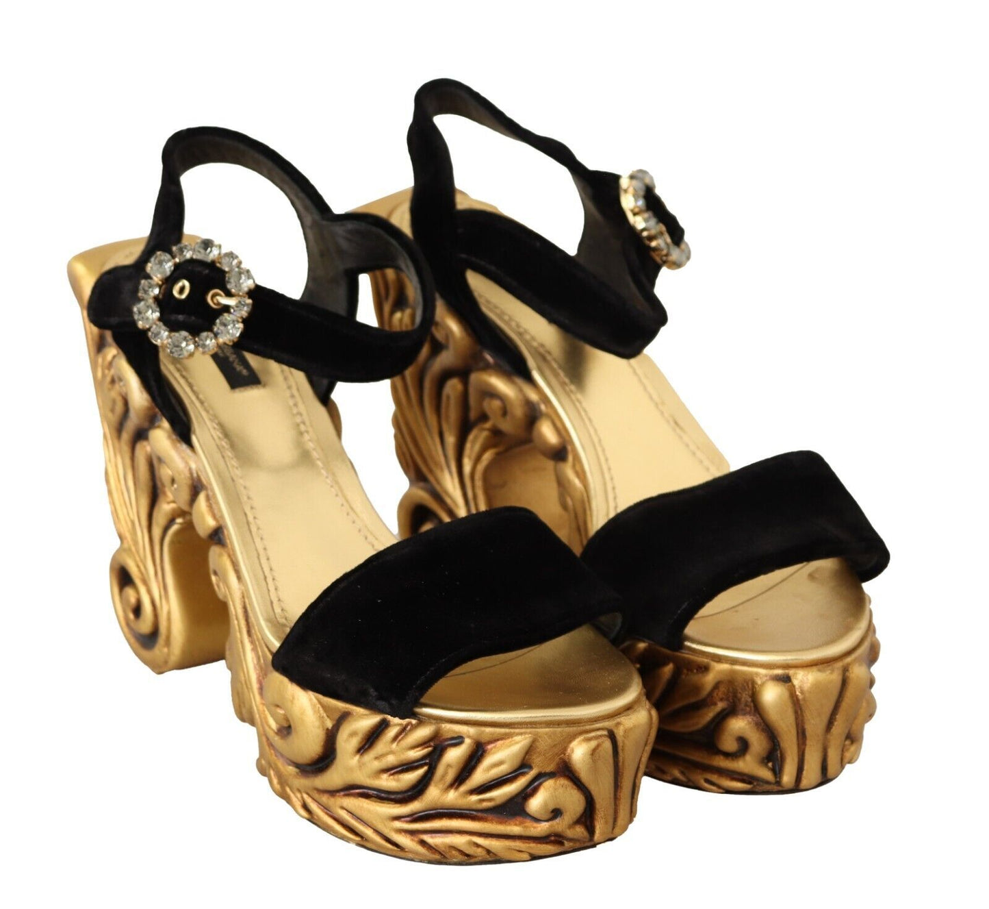 Schwarz Gold Barock Samt Heels Kristall Schuhe