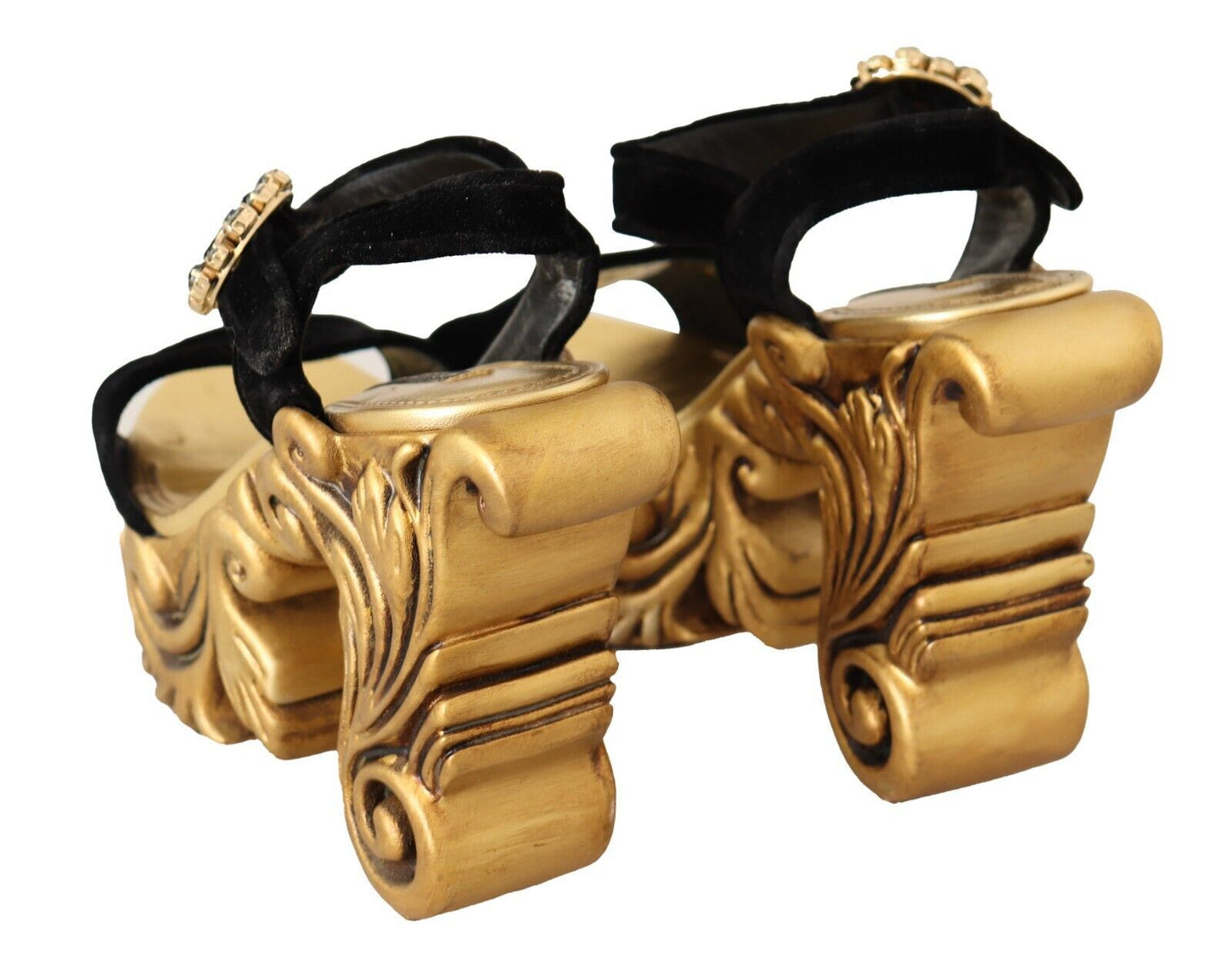 Schwarz Gold Barock Samt Heels Kristall Schuhe