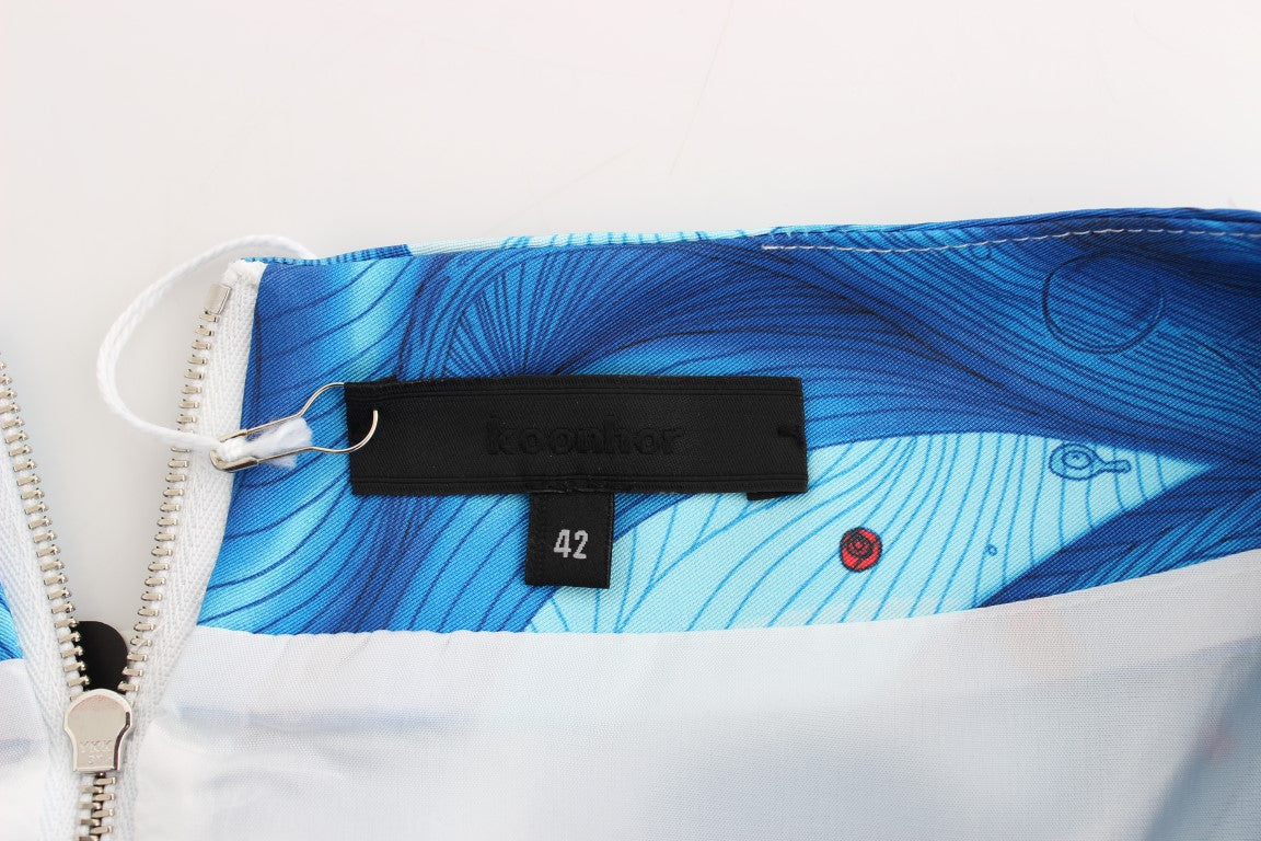 Blauer gerader Bleistiftrock mit Schößchen und Fresco-Print