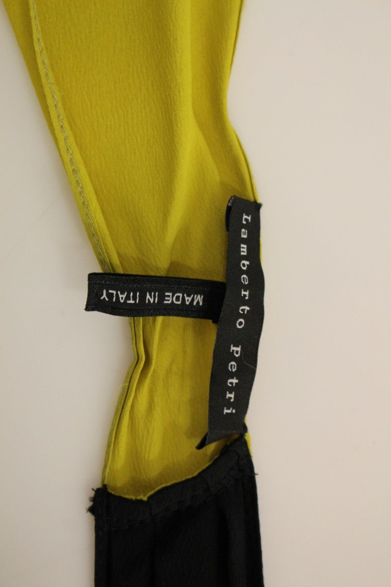 Schwarz-gelbes Etui-Cocktailkleid aus Seide