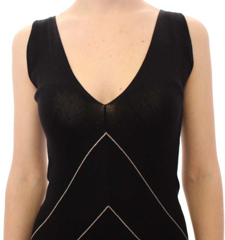 Schwarz-weißes Cocktailkleid aus Strick mit tiefem V-Ausschnitt
