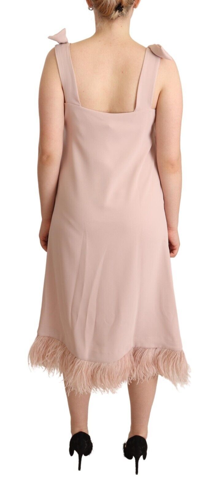 Rosa ärmelloses Midi-Etuikleid aus Polyester mit Federn