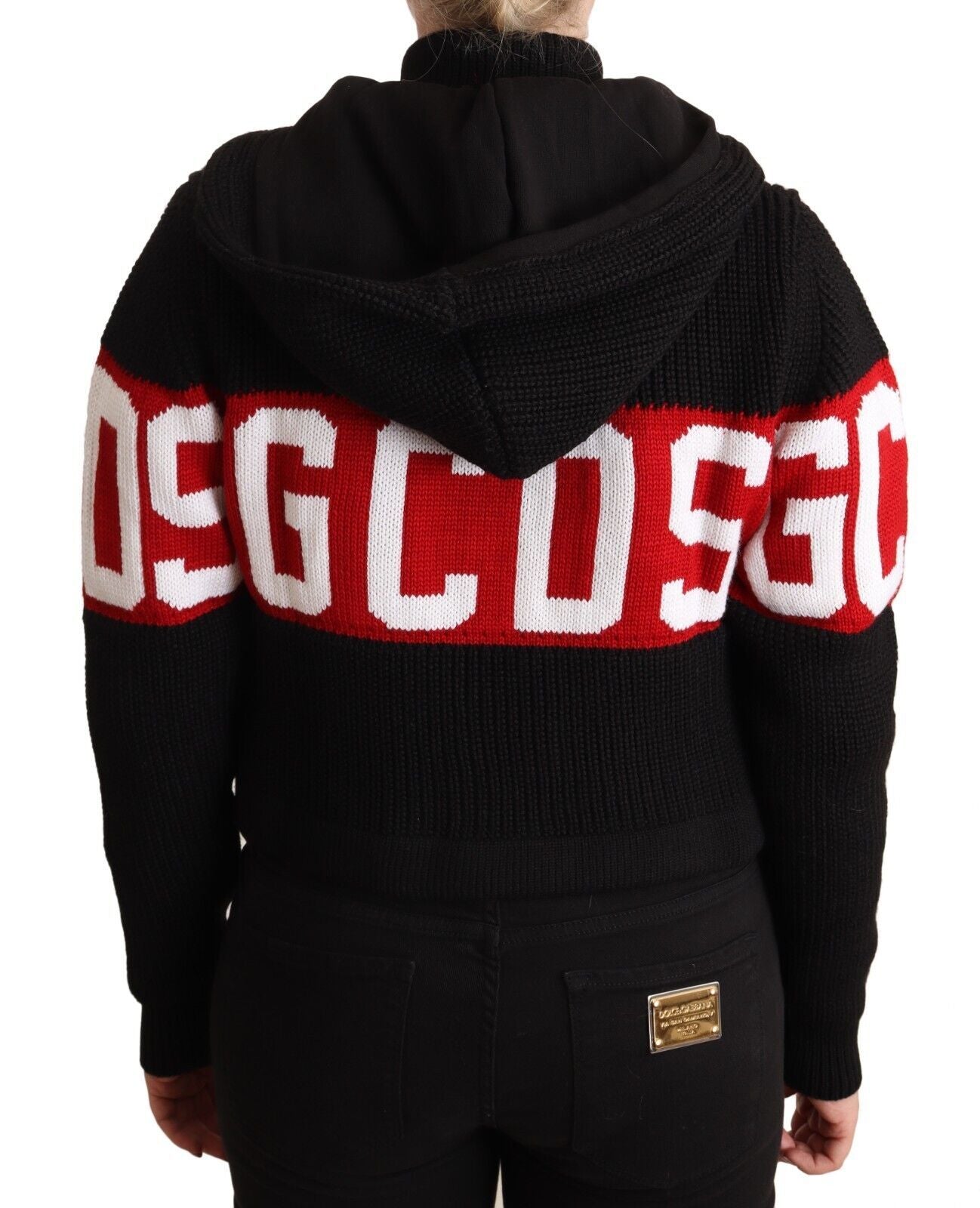 Schwarze Strickjacke aus Kaschmir mit Kapuze und Button-Down-Logo