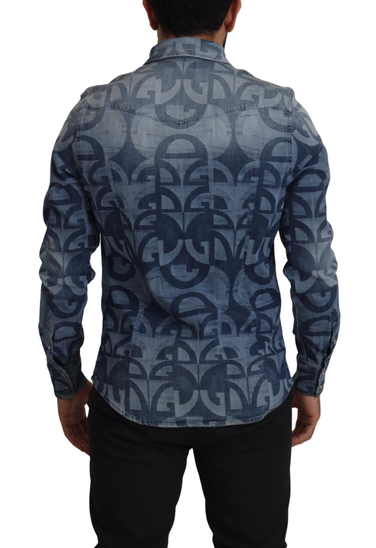 Blaues Denim-Stretch-DG-Logo, lässiges Herren-Slim-Hemd