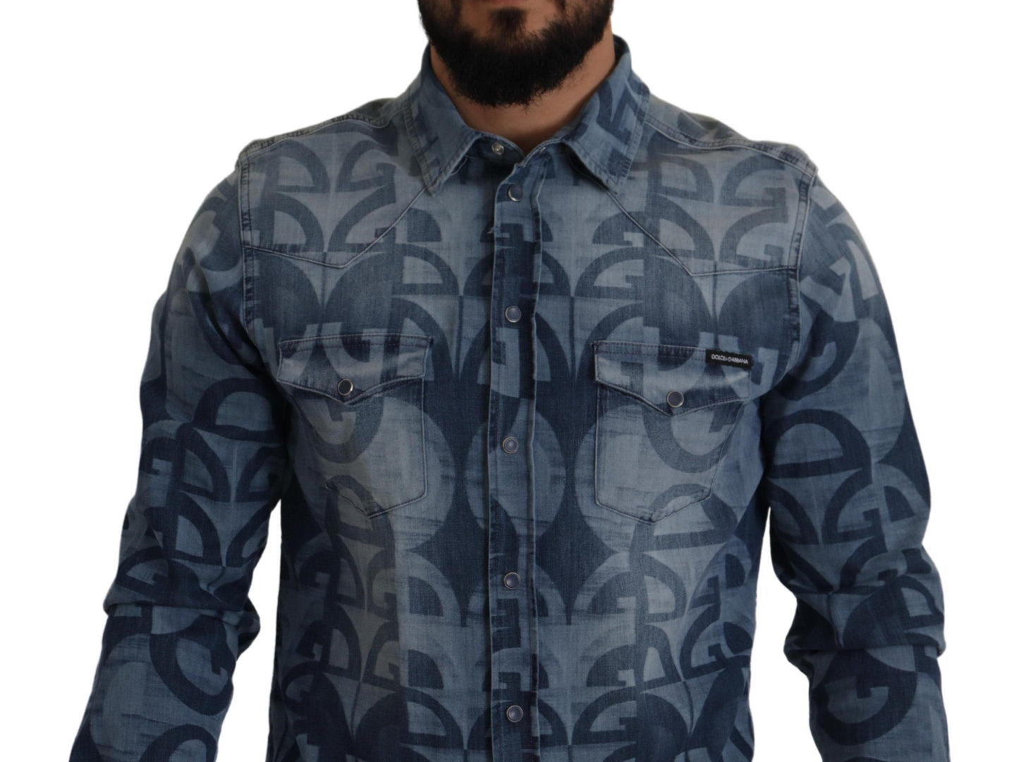 Blaues Denim-Stretch-DG-Logo, lässiges Herren-Slim-Hemd