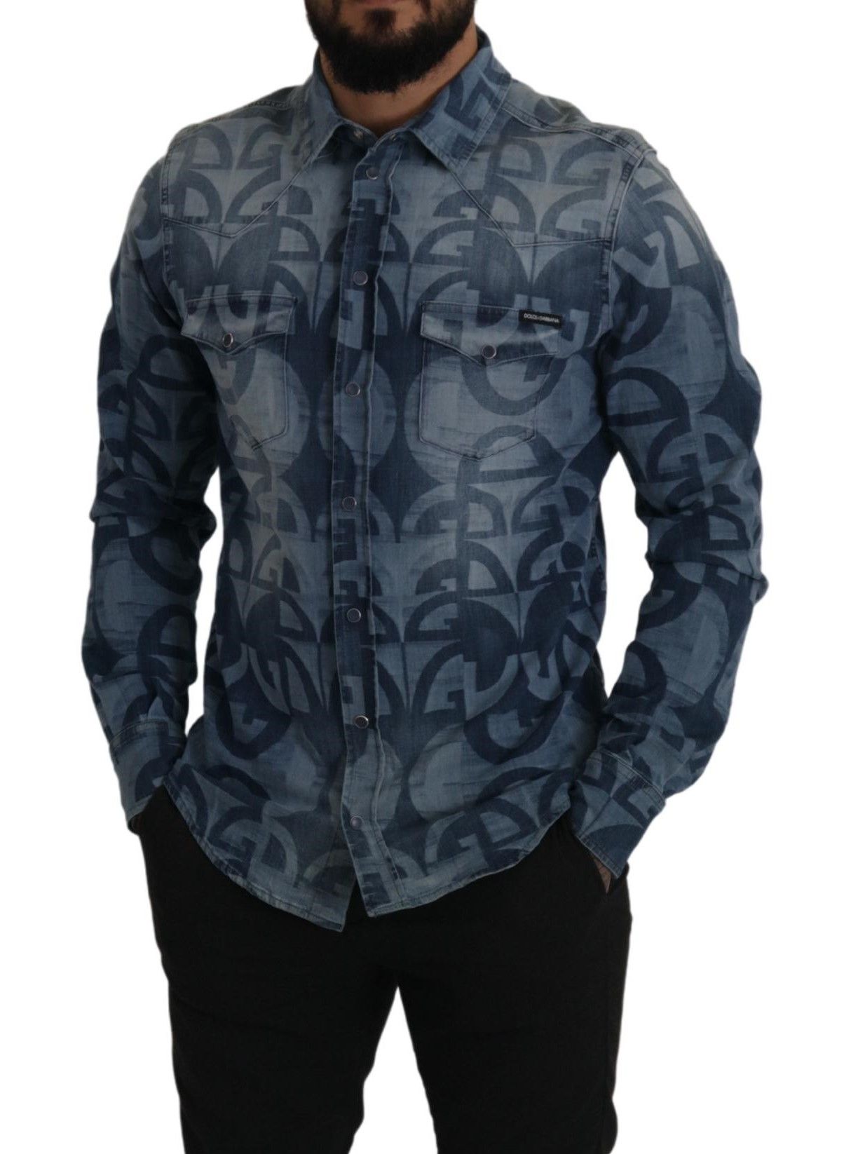 Blaues Denim-Stretch-DG-Logo, lässiges Herren-Slim-Hemd
