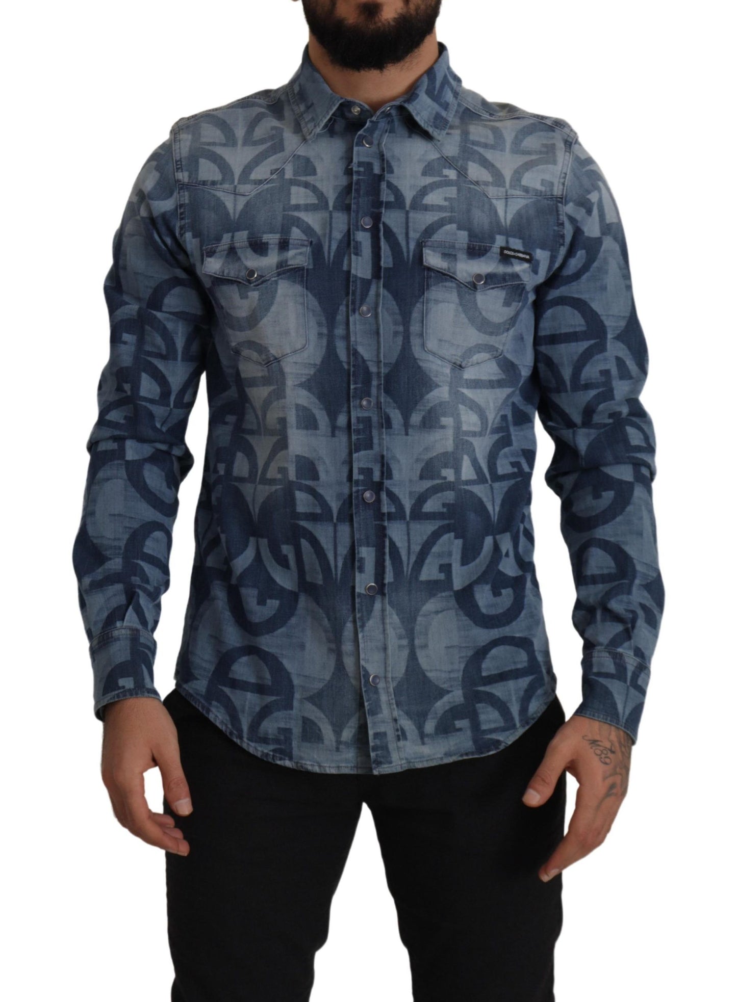 Blaues Denim-Stretch-DG-Logo, lässiges Herren-Slim-Hemd