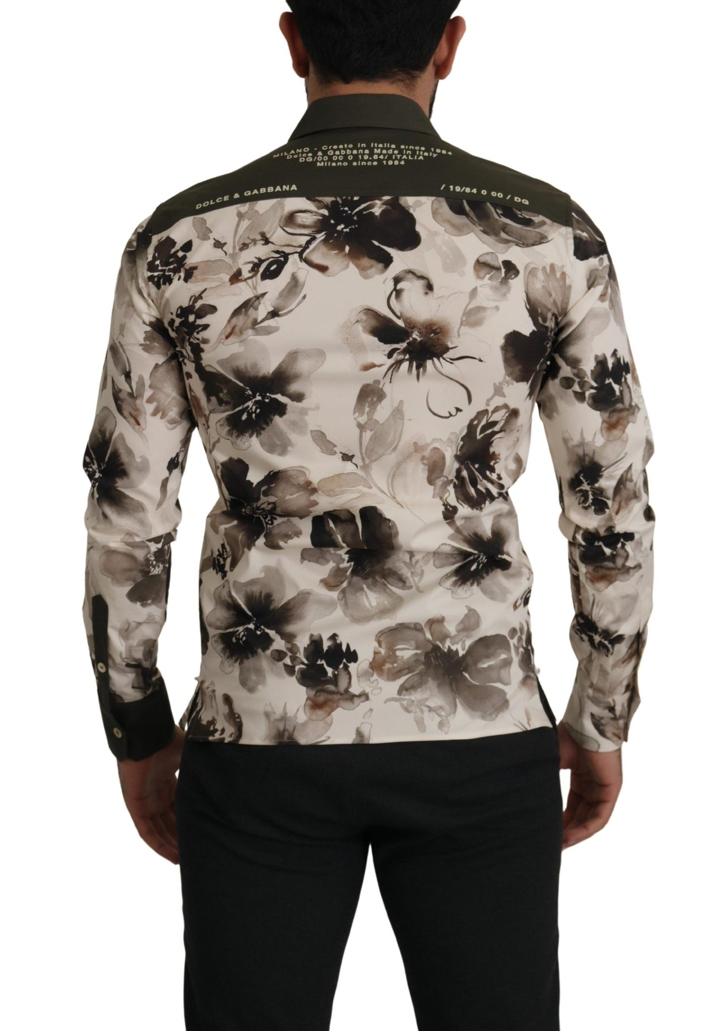 Grün-beiges florales Baumwoll-Stretch-Exklusivhemd