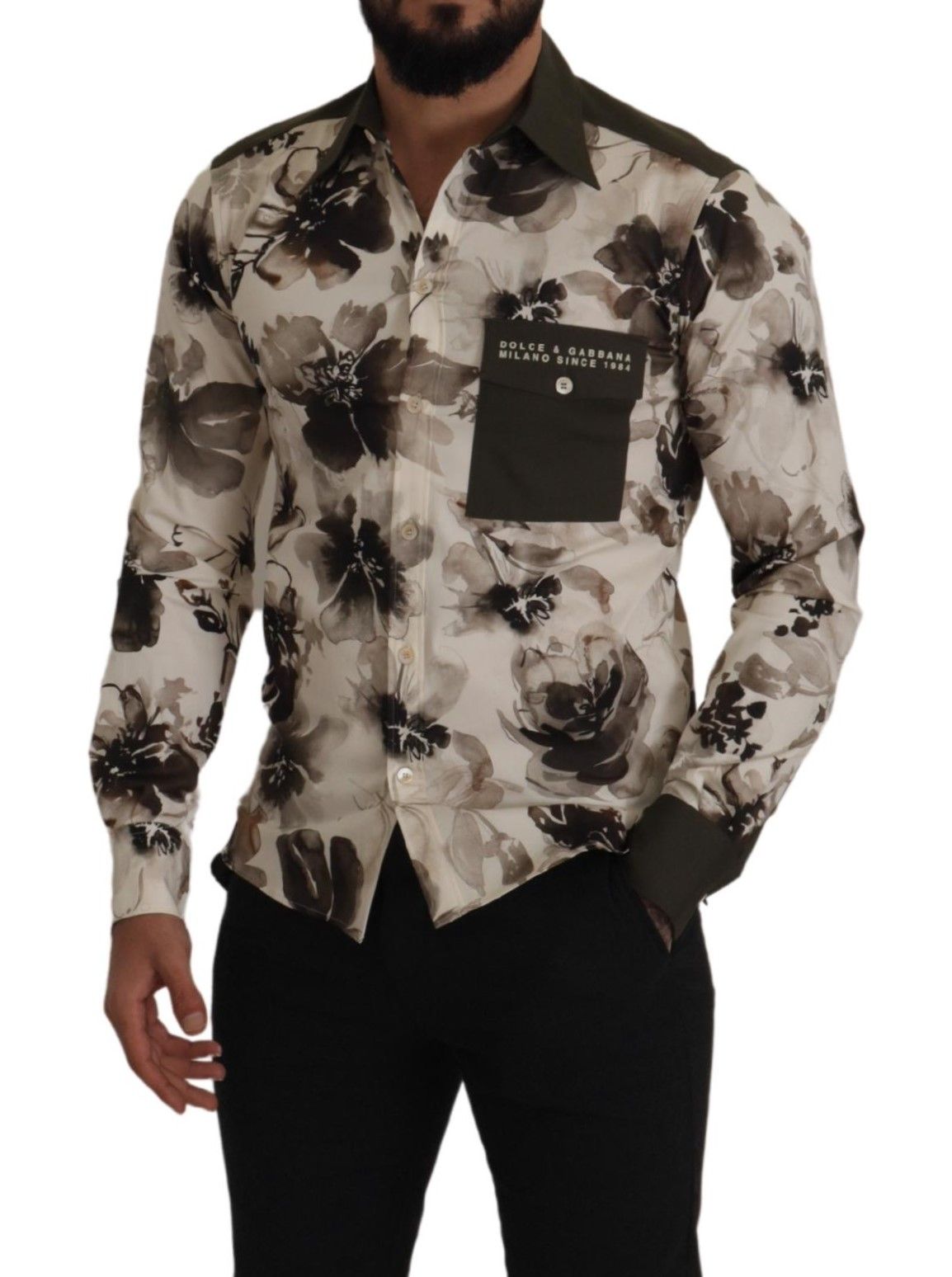 Grün-beiges florales Baumwoll-Stretch-Exklusivhemd