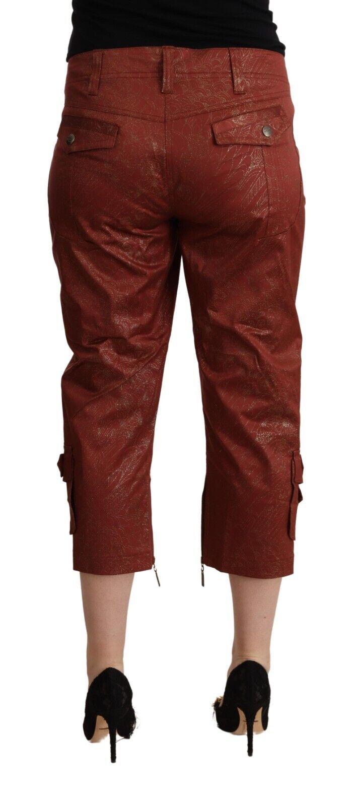 Braune, verkürzte Caprihose aus Baumwolle mit Lurex und mittlerer Taille
