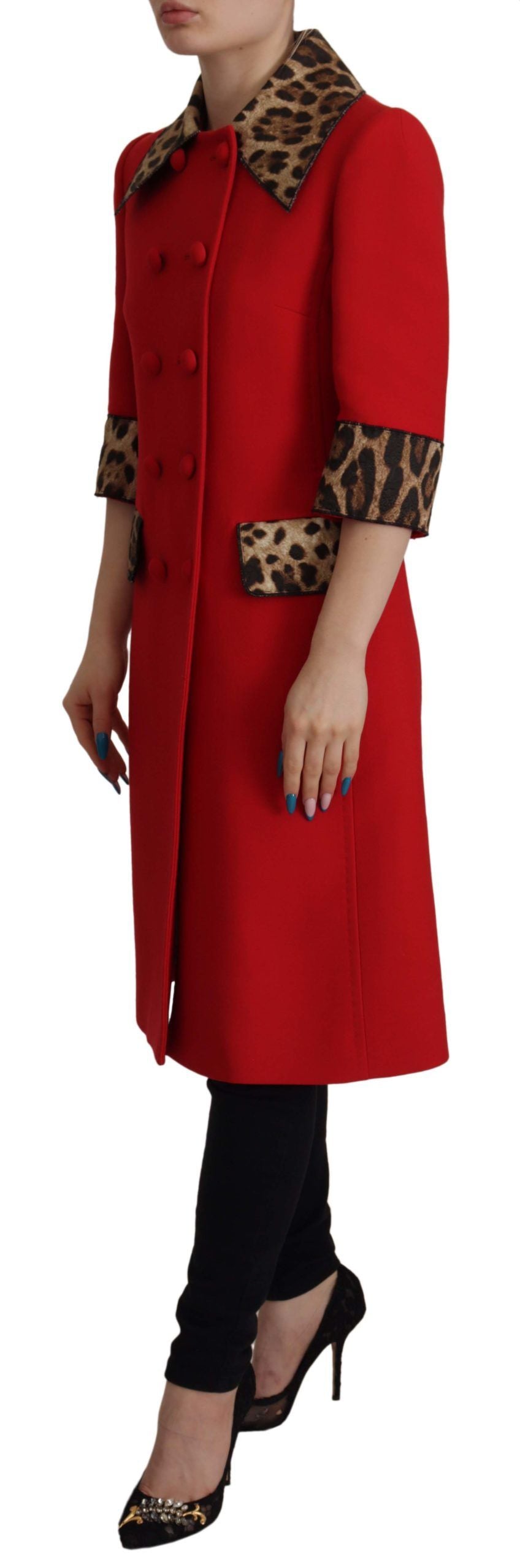 Roter Trenchcoat aus Wolle mit Leopardenmuster