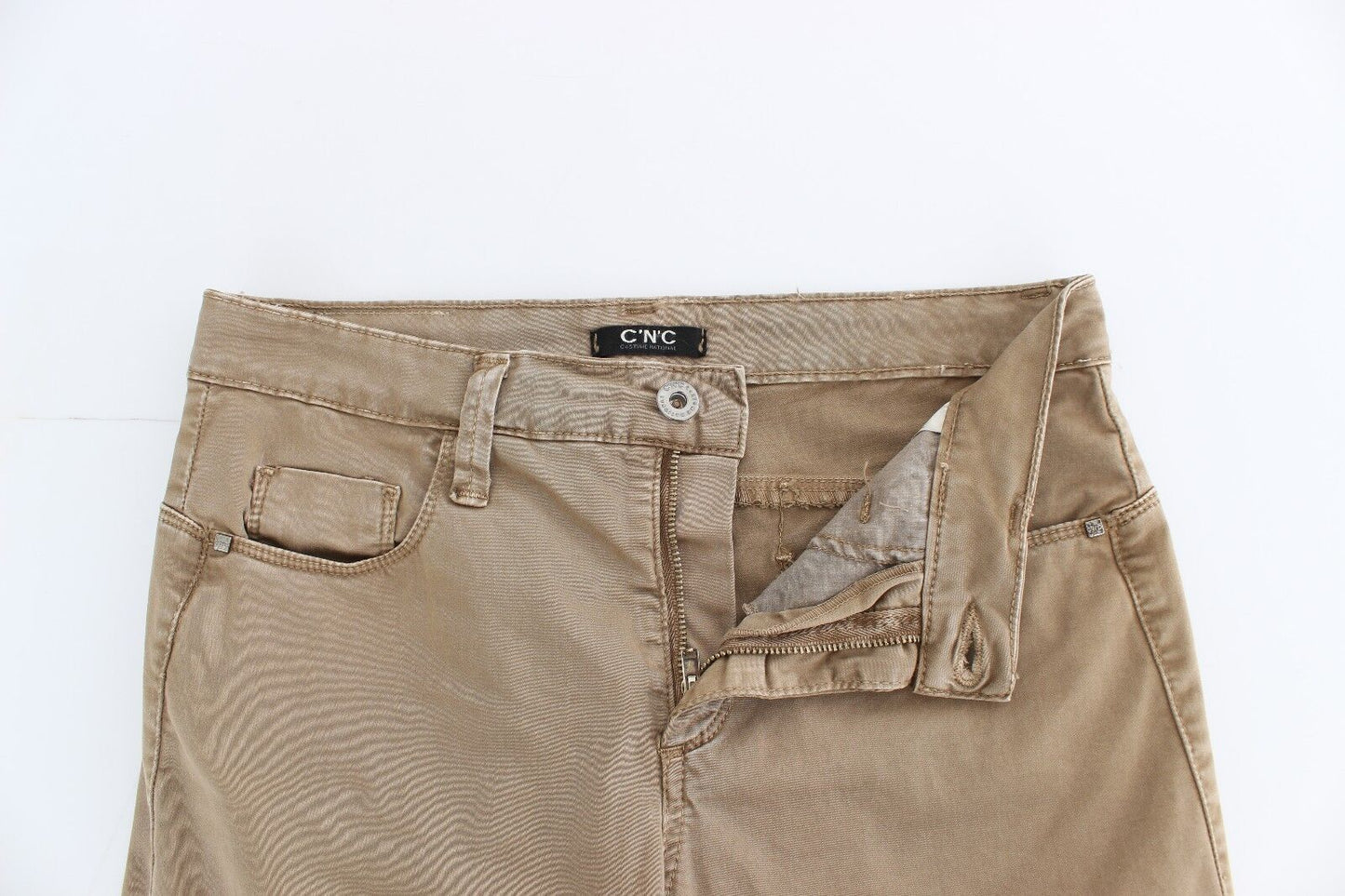 Beige Straight Leg Denim Hose Stretchjeans