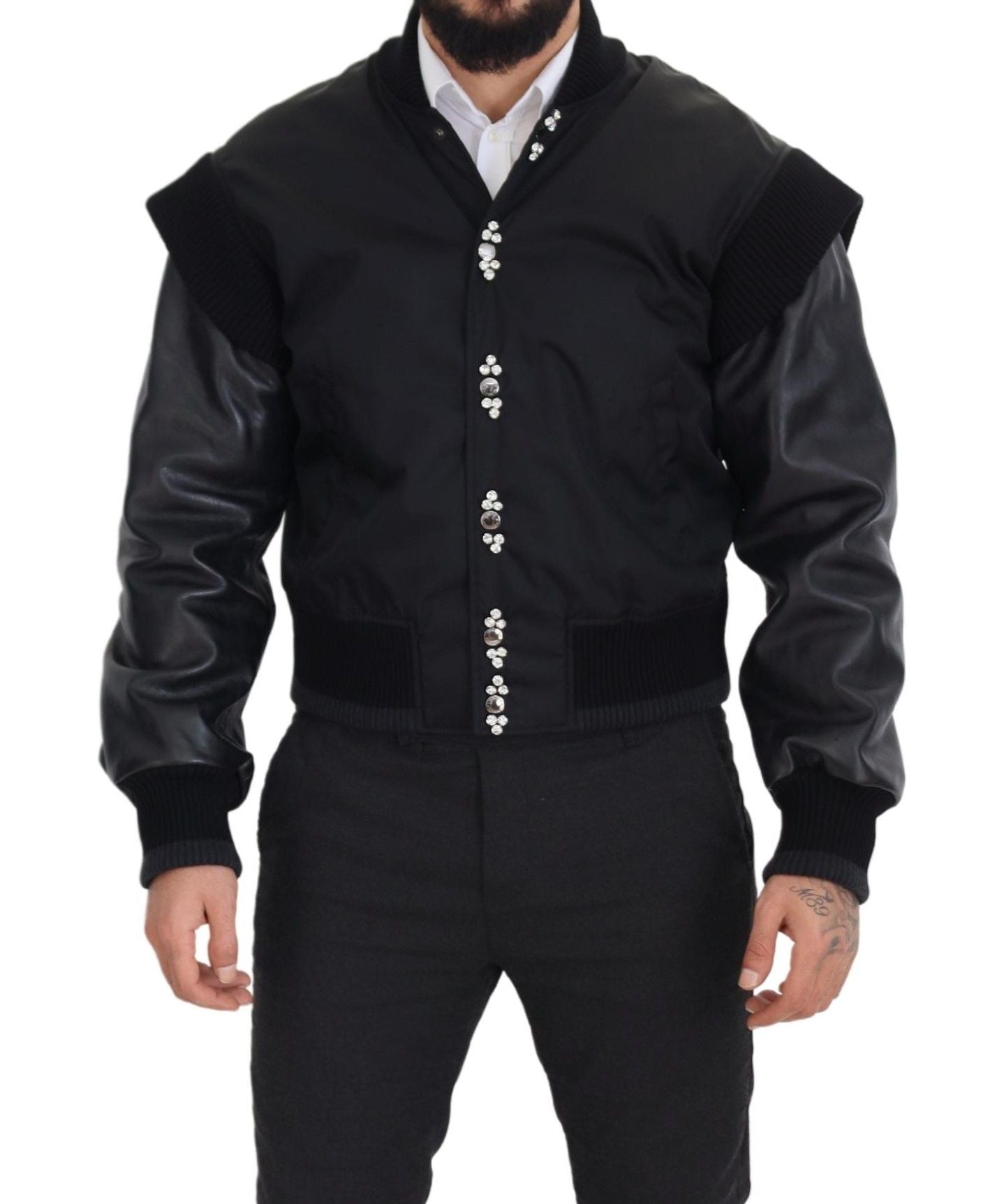 Schwarze Nylon-Kristall-Manteljacke mit Knöpfen
