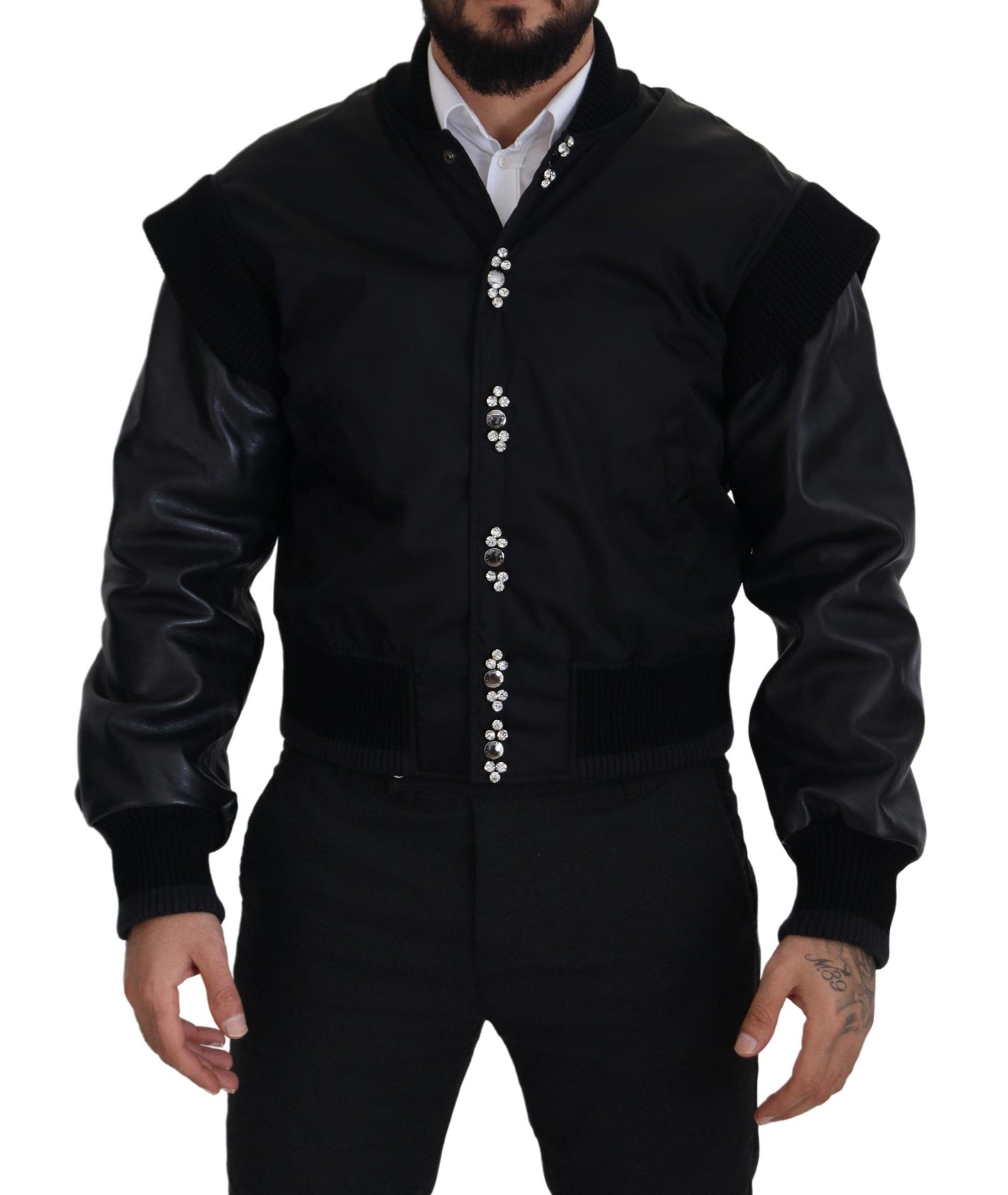 Schwarze Nylon-Kristall-Manteljacke mit Knöpfen
