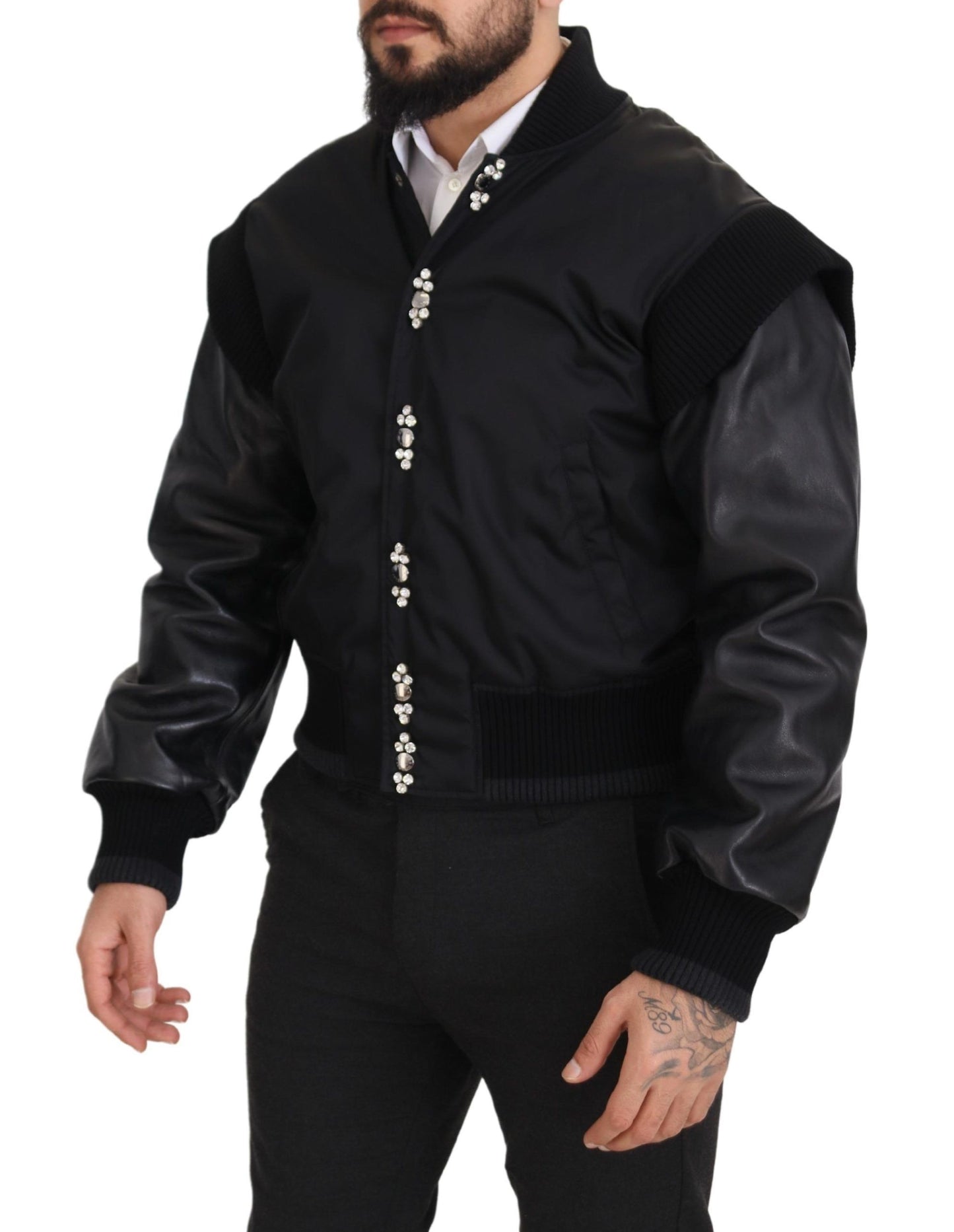 Schwarze Nylon-Kristall-Manteljacke mit Knöpfen