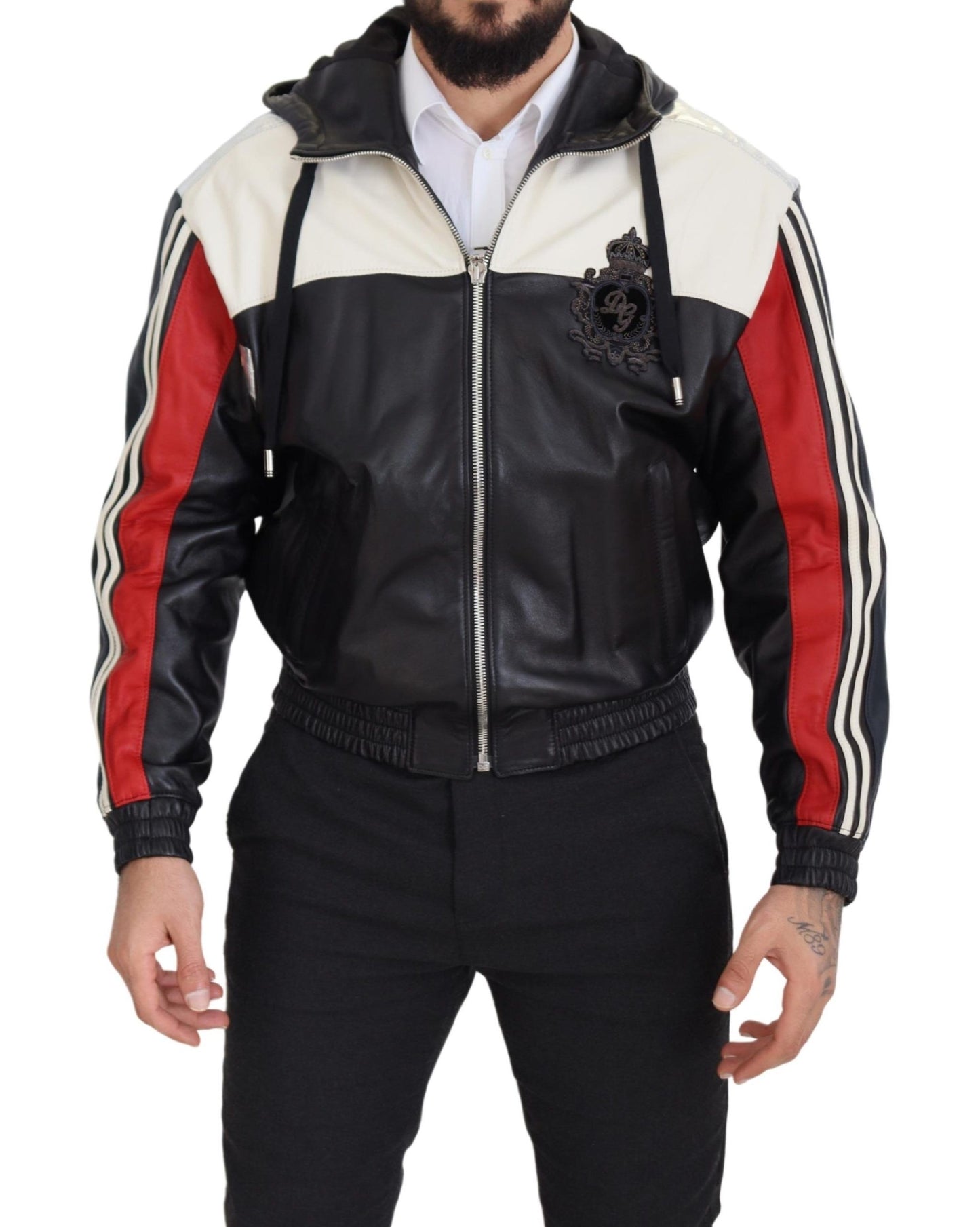 Schwarze Blousonjacke aus Leder mit Kapuze
