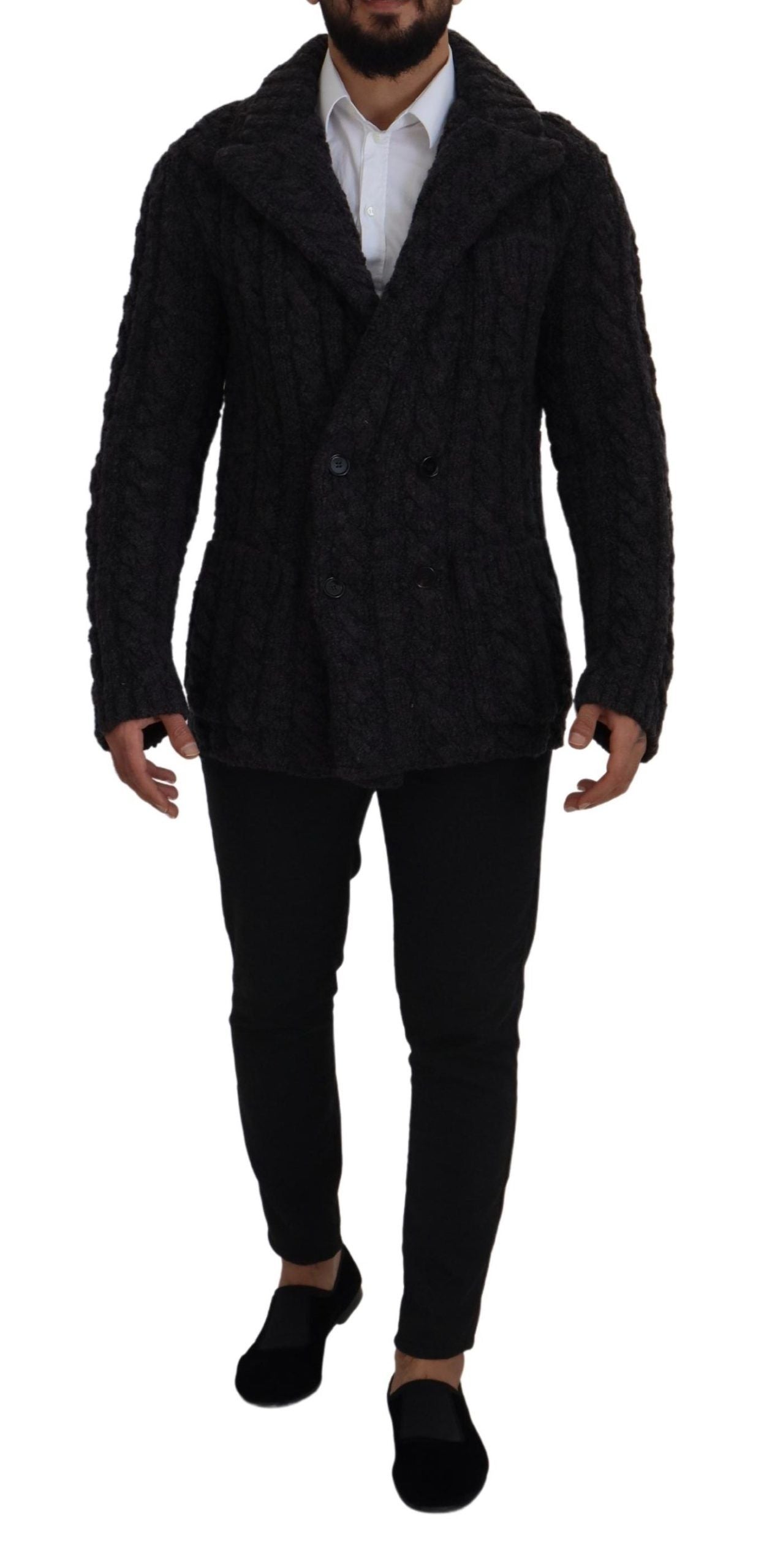 Schwarze zweireihige Wollstrickjacke