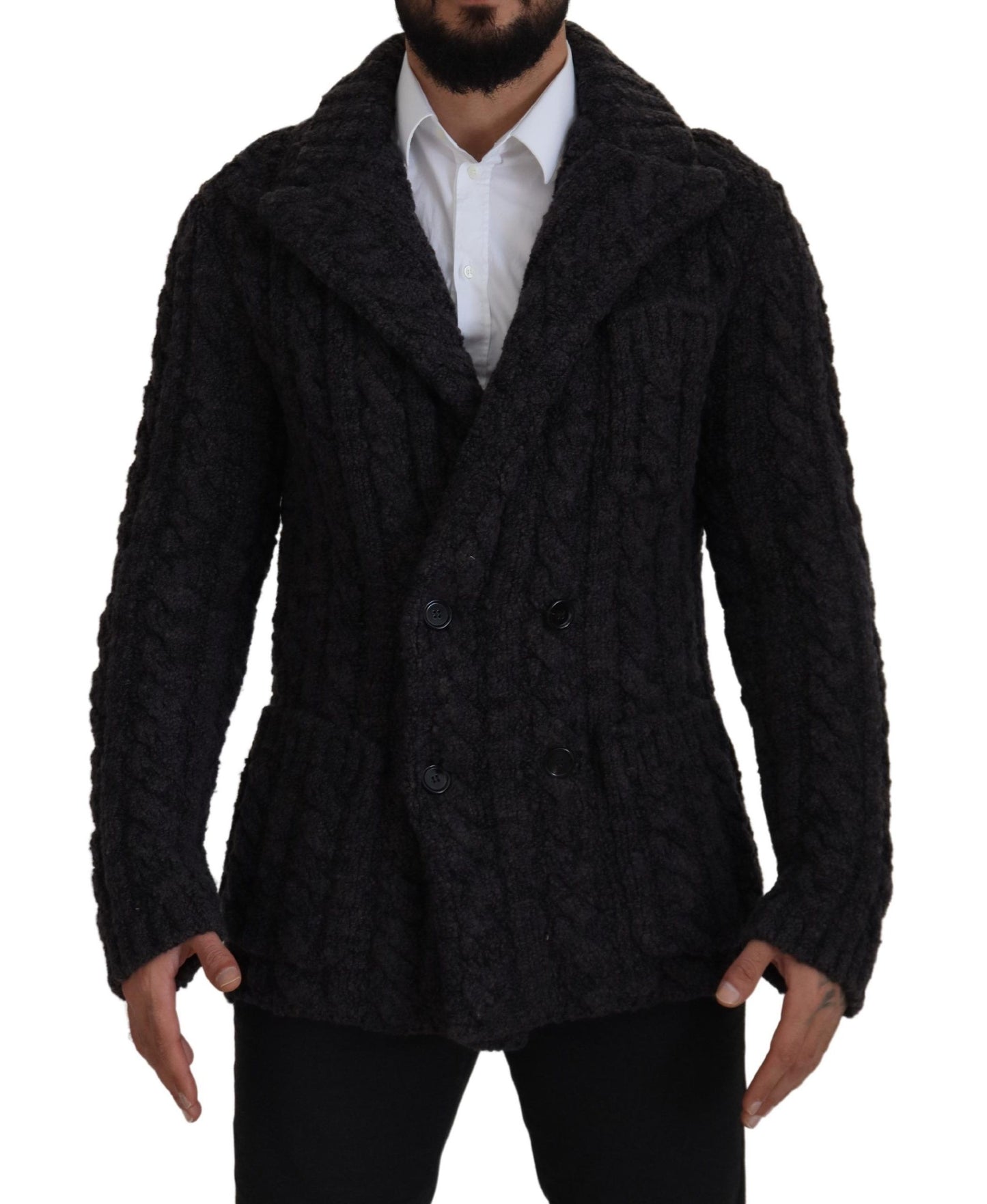 Schwarze zweireihige Wollstrickjacke