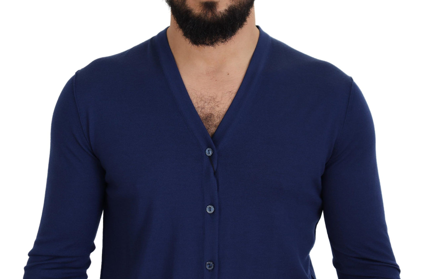 Blauer Cardigan aus Wolle mit V-Ausschnitt und Knopfleiste