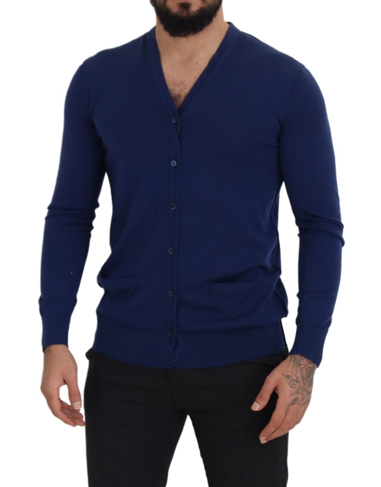 Blauer Cardigan aus Wolle mit V-Ausschnitt und Knopfleiste