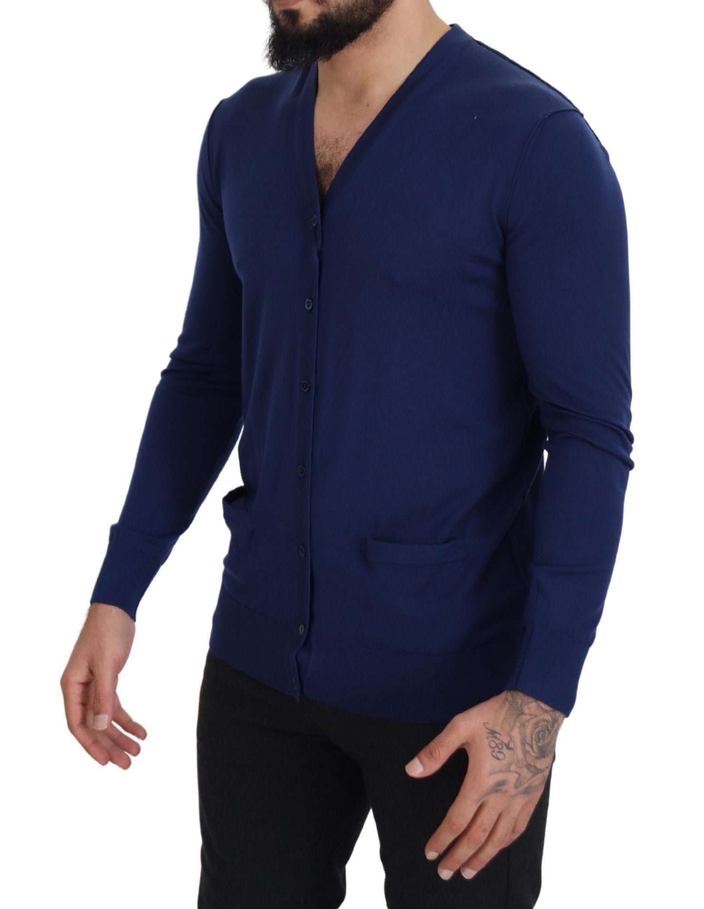 Blauer Cardigan aus Wolle mit V-Ausschnitt und Knopfleiste