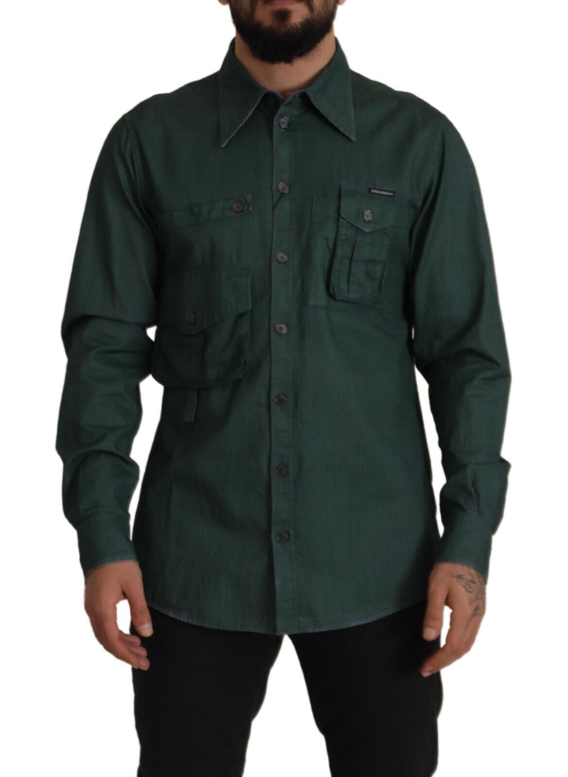 Dunkelgrünes Button-Down-Hemd mit langen Ärmeln