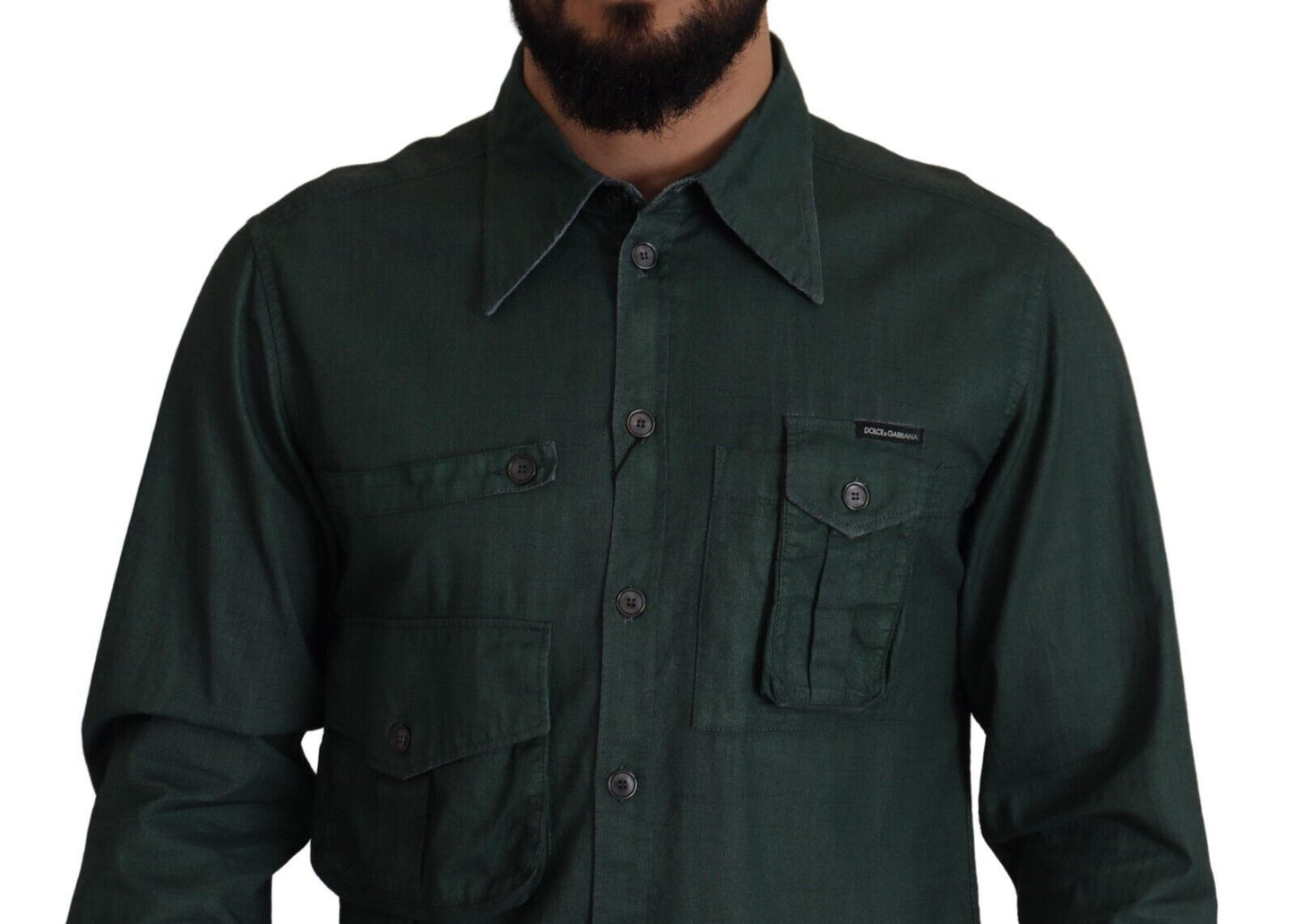 Dunkelgrünes Button-Down-Hemd mit langen Ärmeln