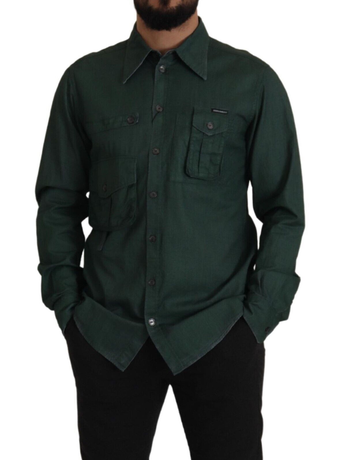 Dunkelgrünes Button-Down-Hemd mit langen Ärmeln