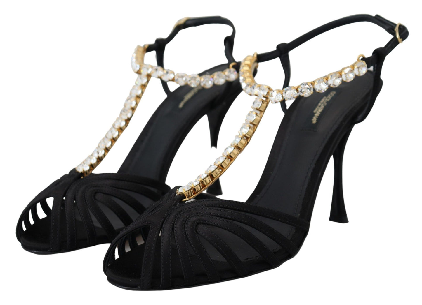 Schwarze Satin-Sandalen mit T-Riemen und durchsichtigem Kristall