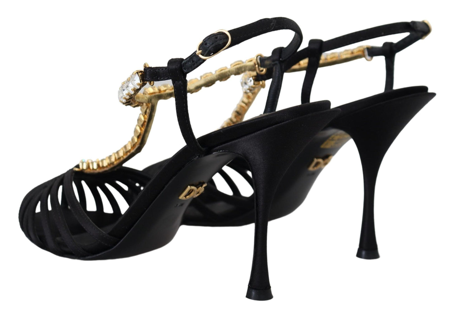 Schwarze Satin-Sandalen mit T-Riemen und durchsichtigem Kristall