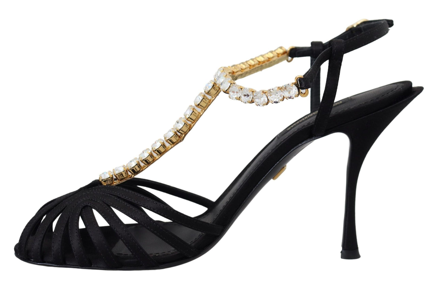 Schwarze Satin-Sandalen mit T-Riemen und durchsichtigem Kristall