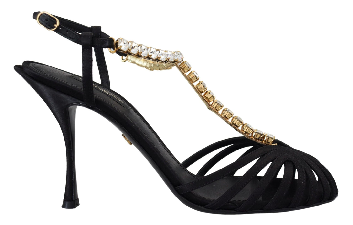 Schwarze Satin-Sandalen mit T-Riemen und durchsichtigem Kristall