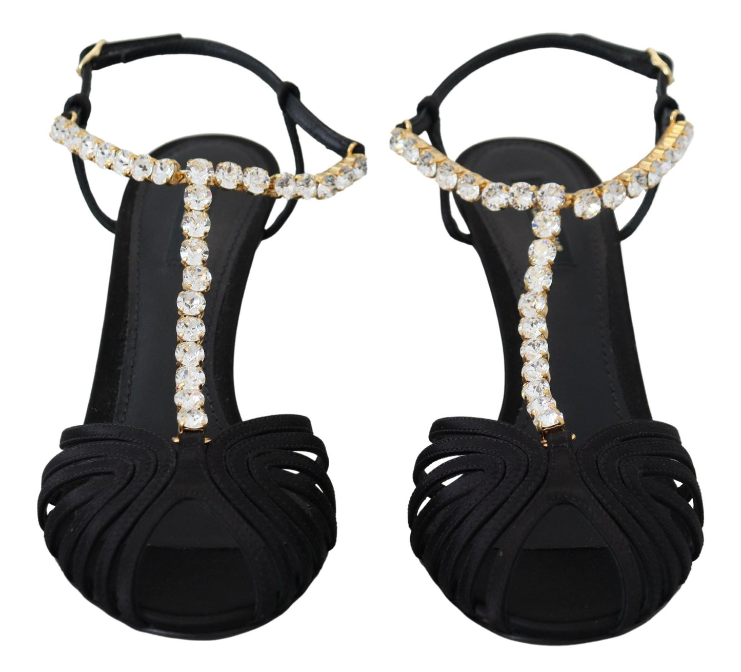 Schwarze Satin-Sandalen mit T-Riemen und durchsichtigem Kristall