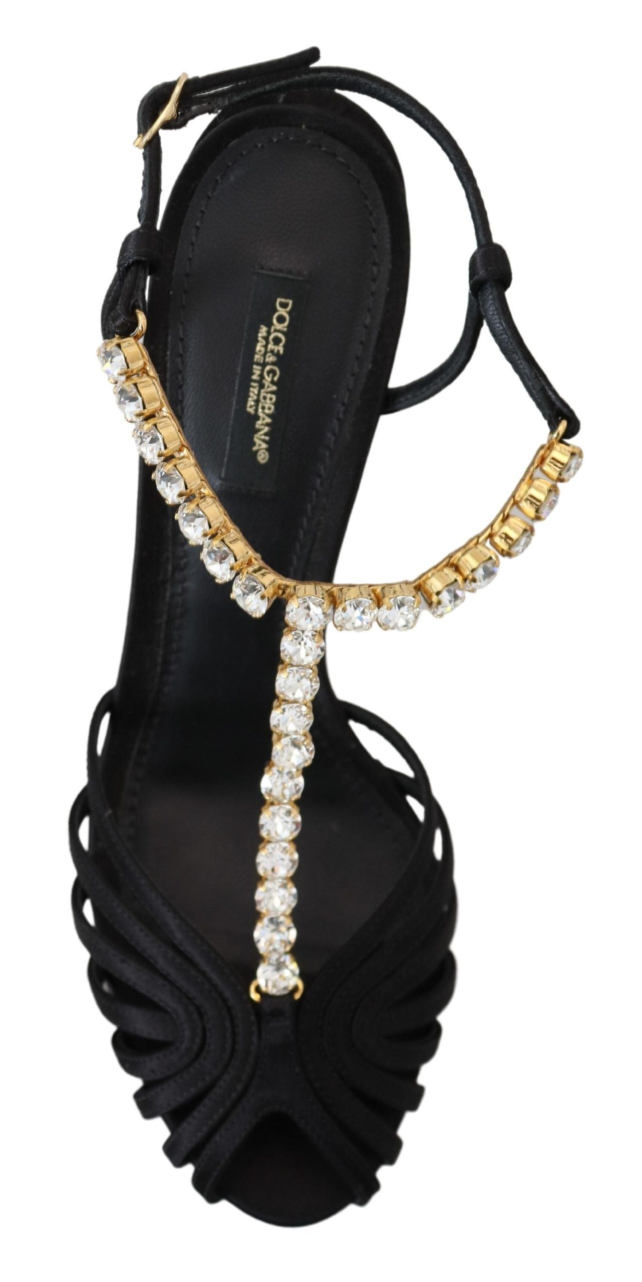 Schwarze Satin-Sandalen mit T-Riemen und durchsichtigem Kristall