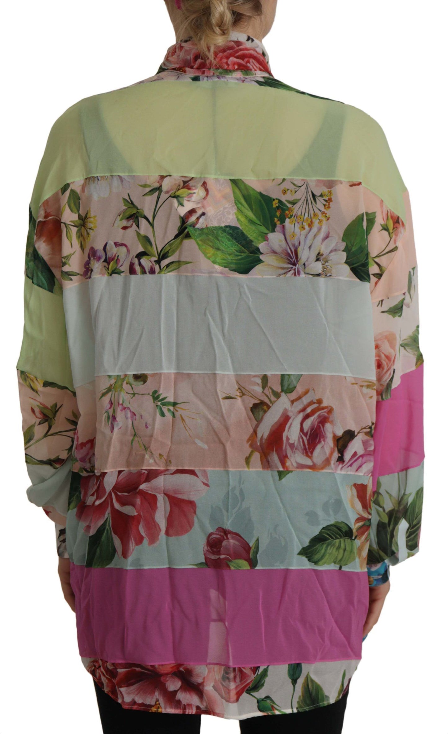 Multicolor Floral Patchwork Design Ascot Collar Top Blouse