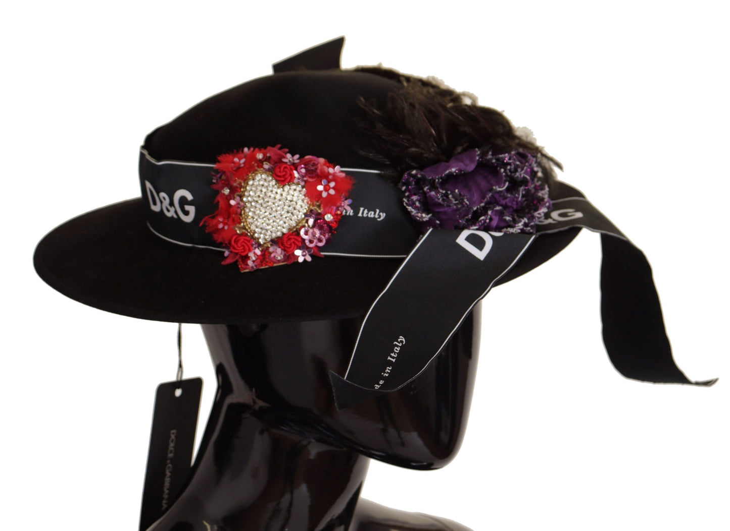 Black Lapil Crystal Heart Feather Brooch Fedora Hat