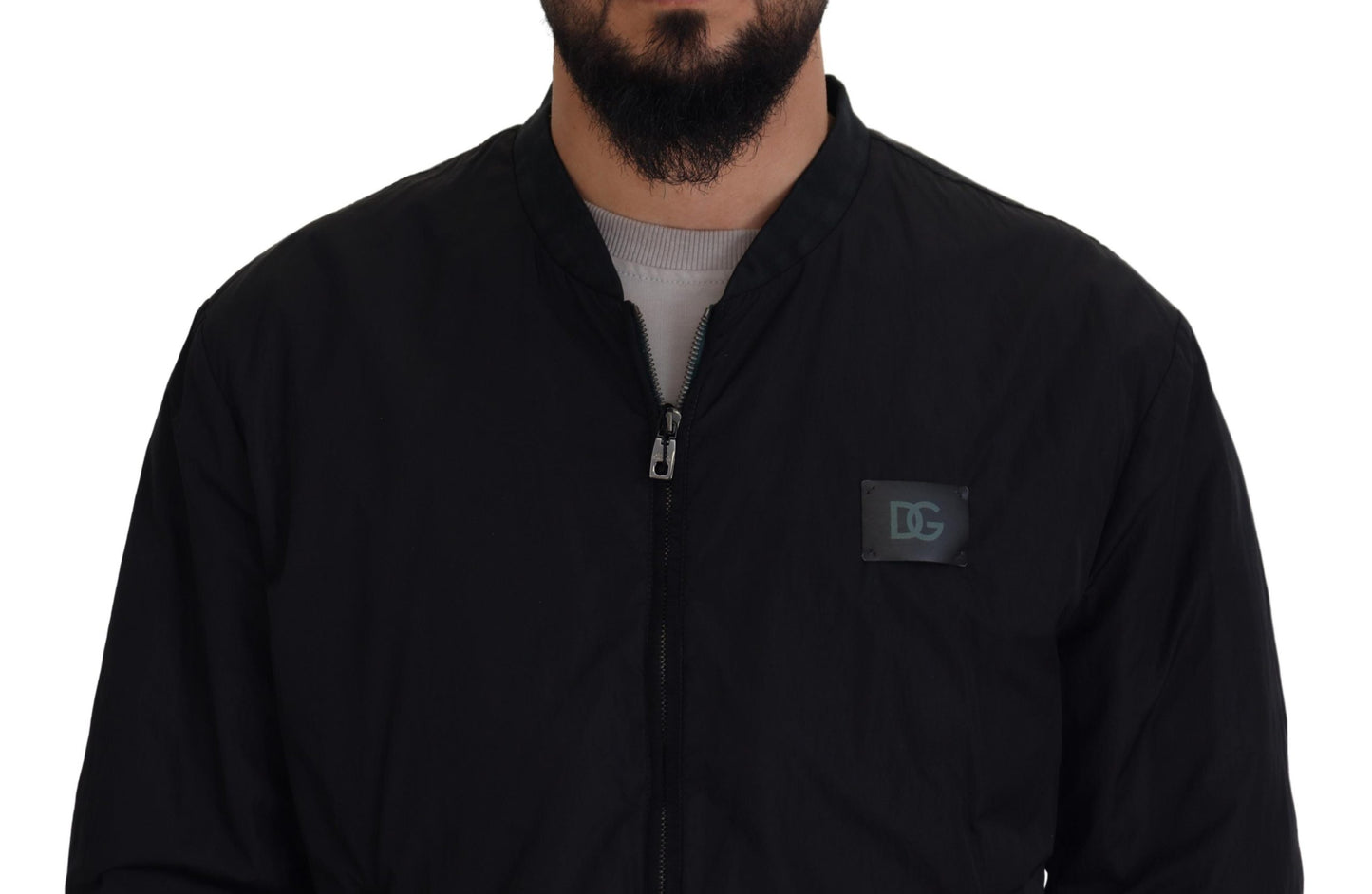 Schwarze Bomberjacke aus Nylon mit Logo und Reißverschluss