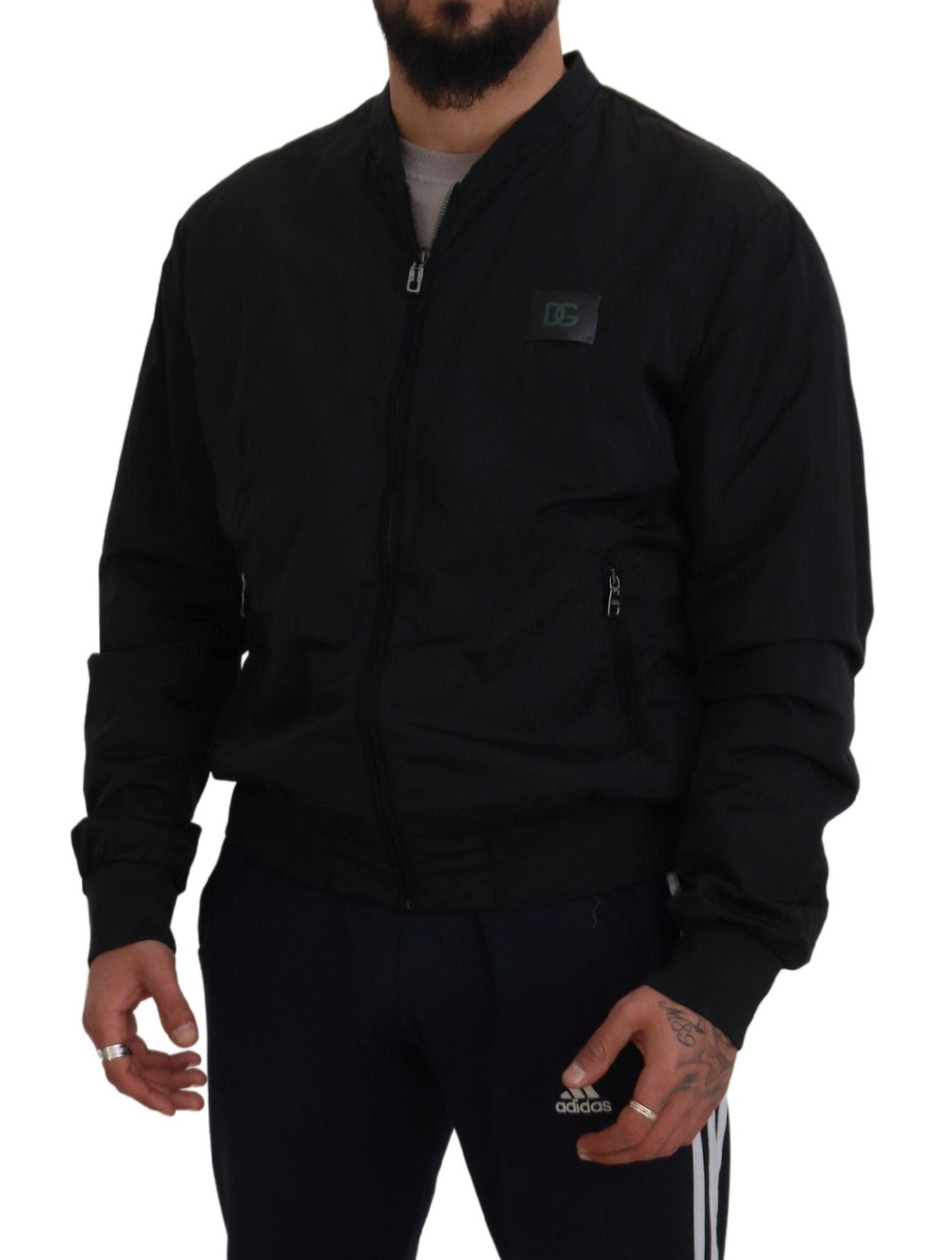 Schwarze Bomberjacke aus Nylon mit Logo und Reißverschluss