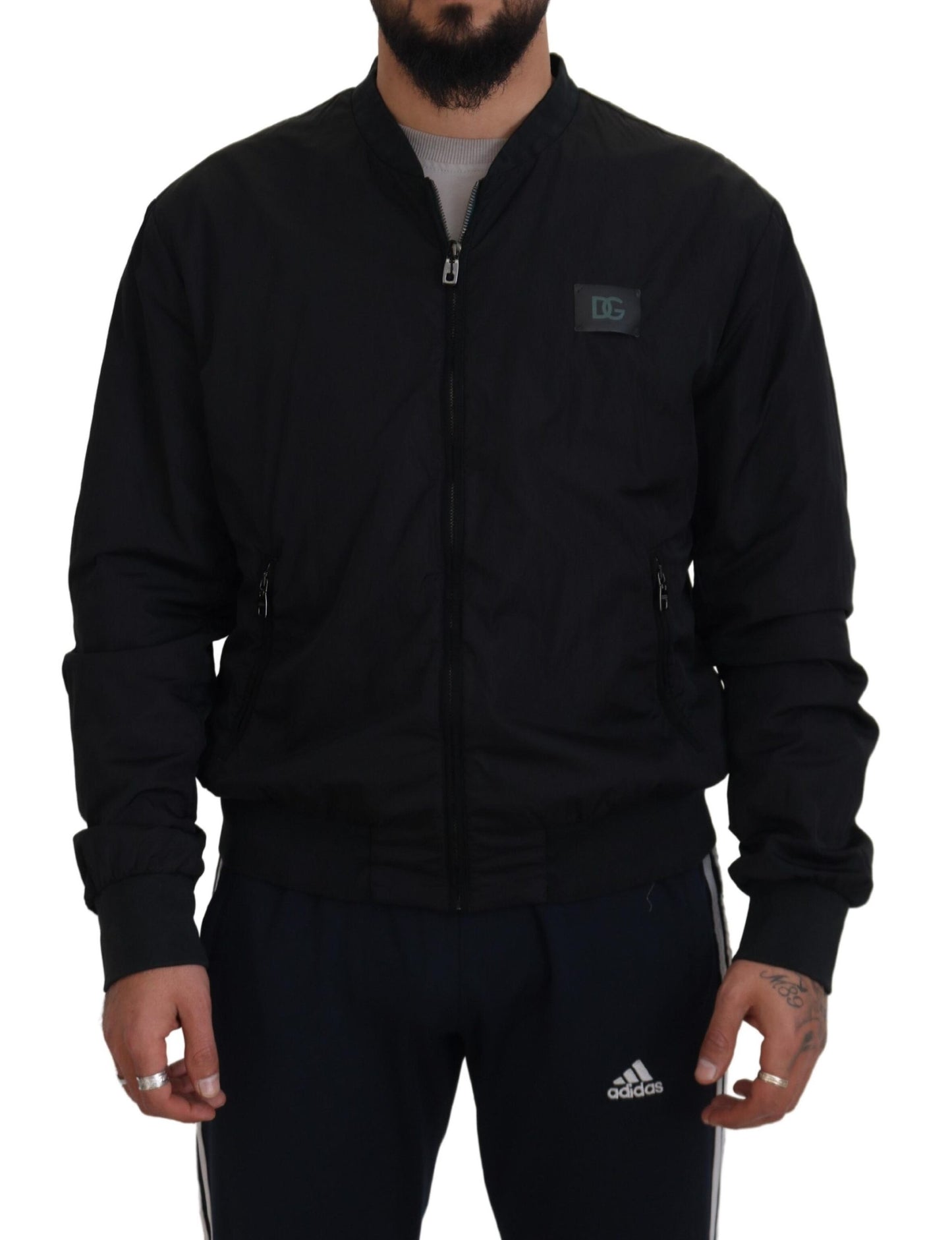 Schwarze Bomberjacke aus Nylon mit Logo und Reißverschluss