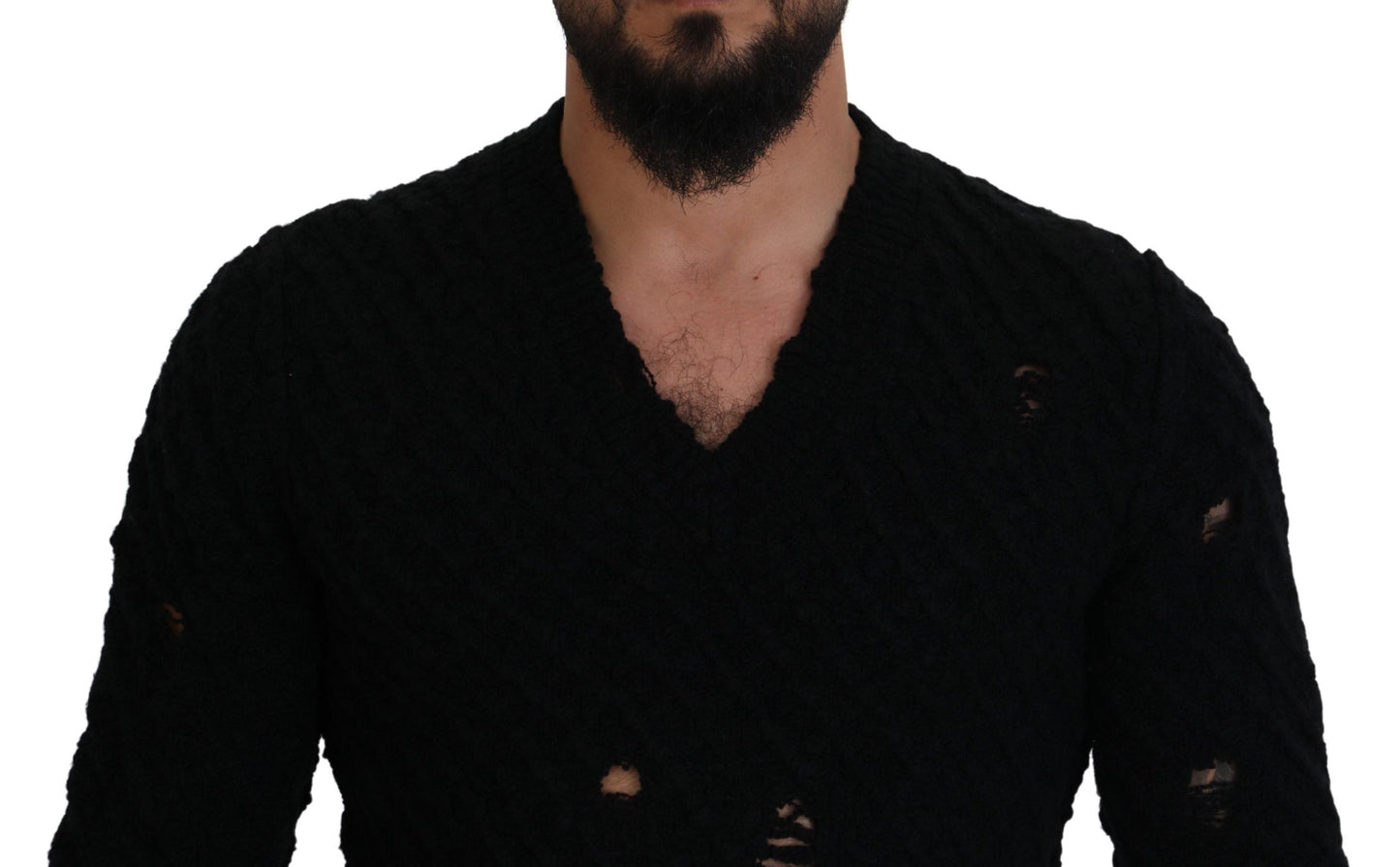Schwarzer Strickpullover aus Wolle mit V-Ausschnitt