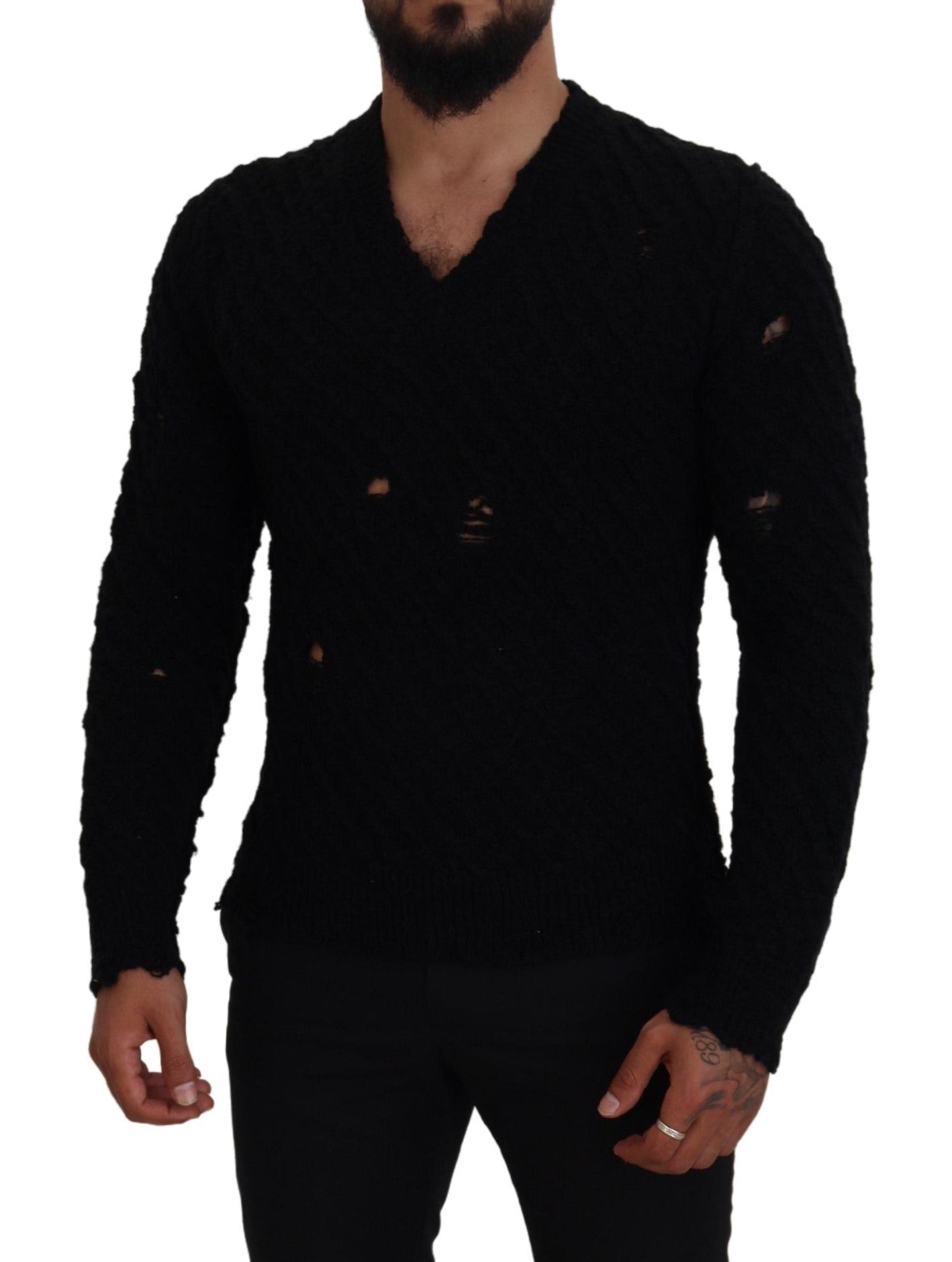 Schwarzer Strickpullover aus Wolle mit V-Ausschnitt