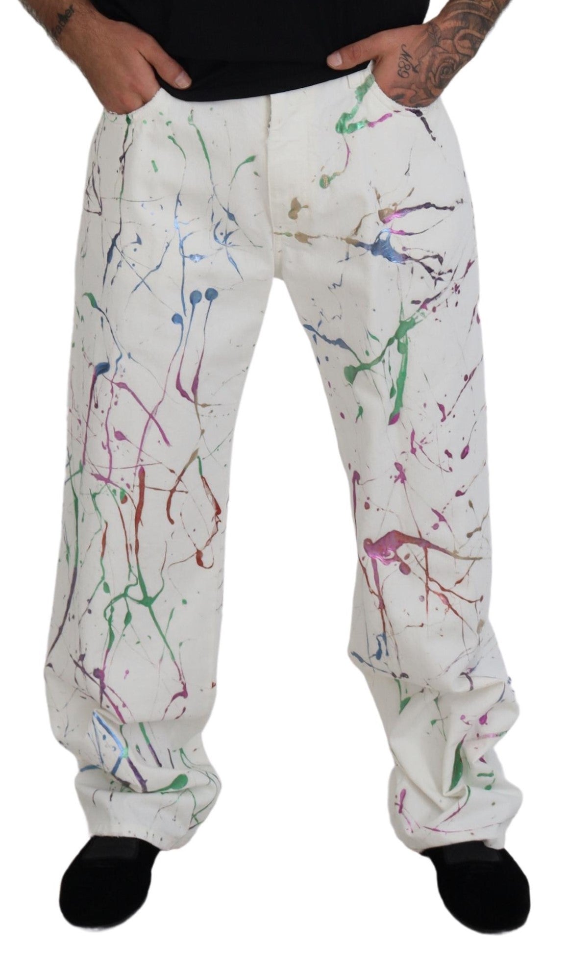 Weiße Jeanshose aus Baumwolle mit Farbspritzer-Print