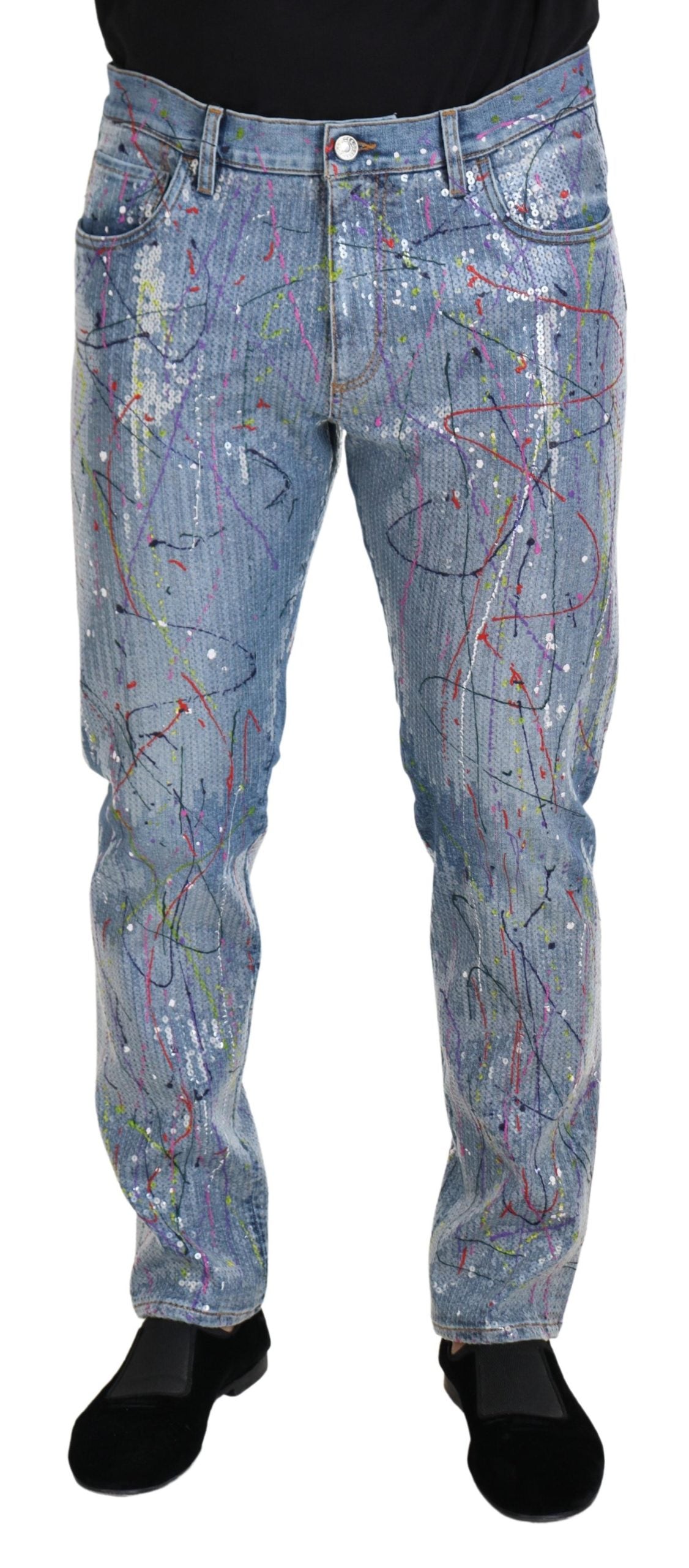 Blaue Jeans aus Baumwoll-Denim mit Farbspritzer-Print