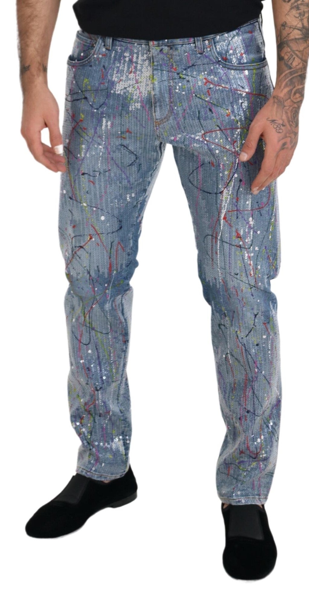 Blaue Jeans aus Baumwoll-Denim mit Farbspritzer-Print