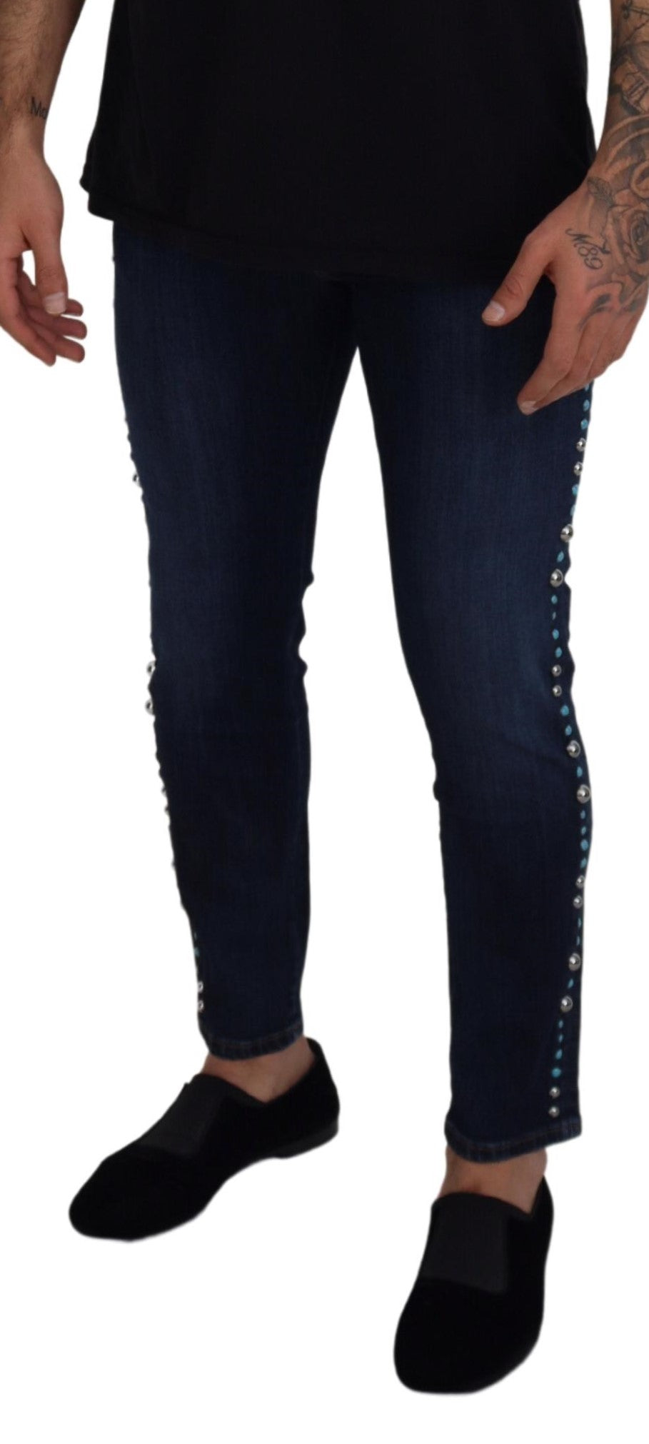 Blaue Jeans aus Baumwolle mit Nieten und niedriger Taille