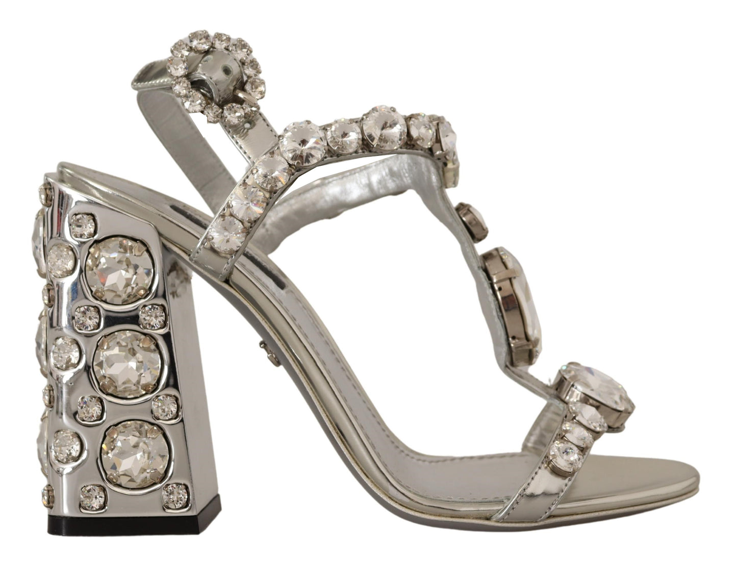 Silberne High Heel-Sandalen mit Kristallen und Riemenschnalle