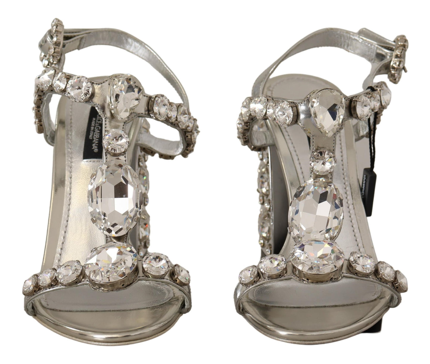 Silberne High Heel-Sandalen mit Kristallen und Riemenschnalle