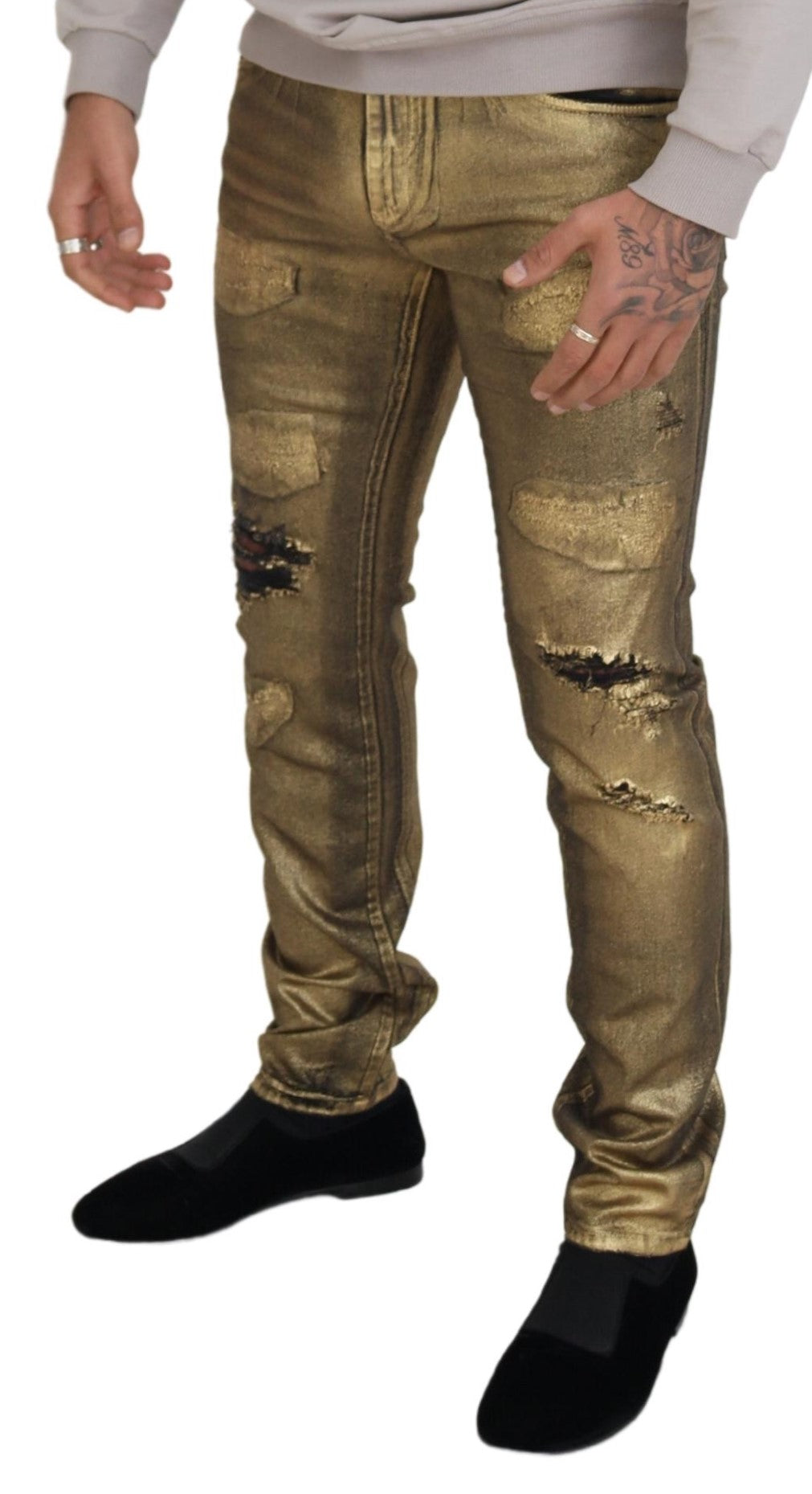 Goldfarbene, zerfetzte Skinny-Jeans aus Baumwolle für Herren