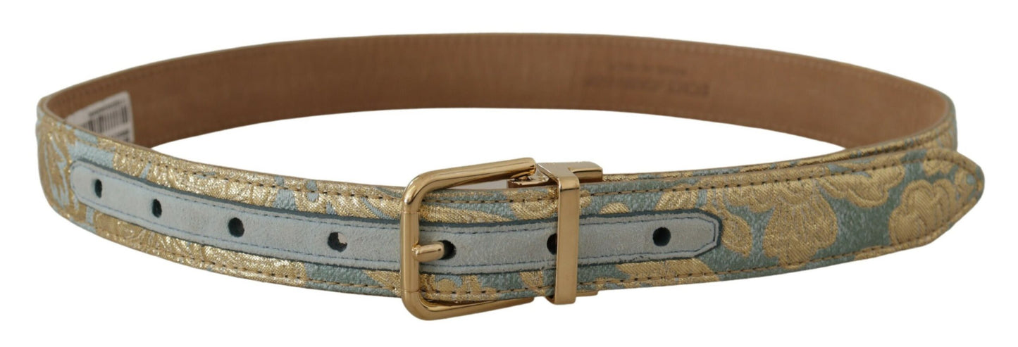 Blauer Ledergürtel aus Jacquard mit geprägter goldener Metallschnalle
